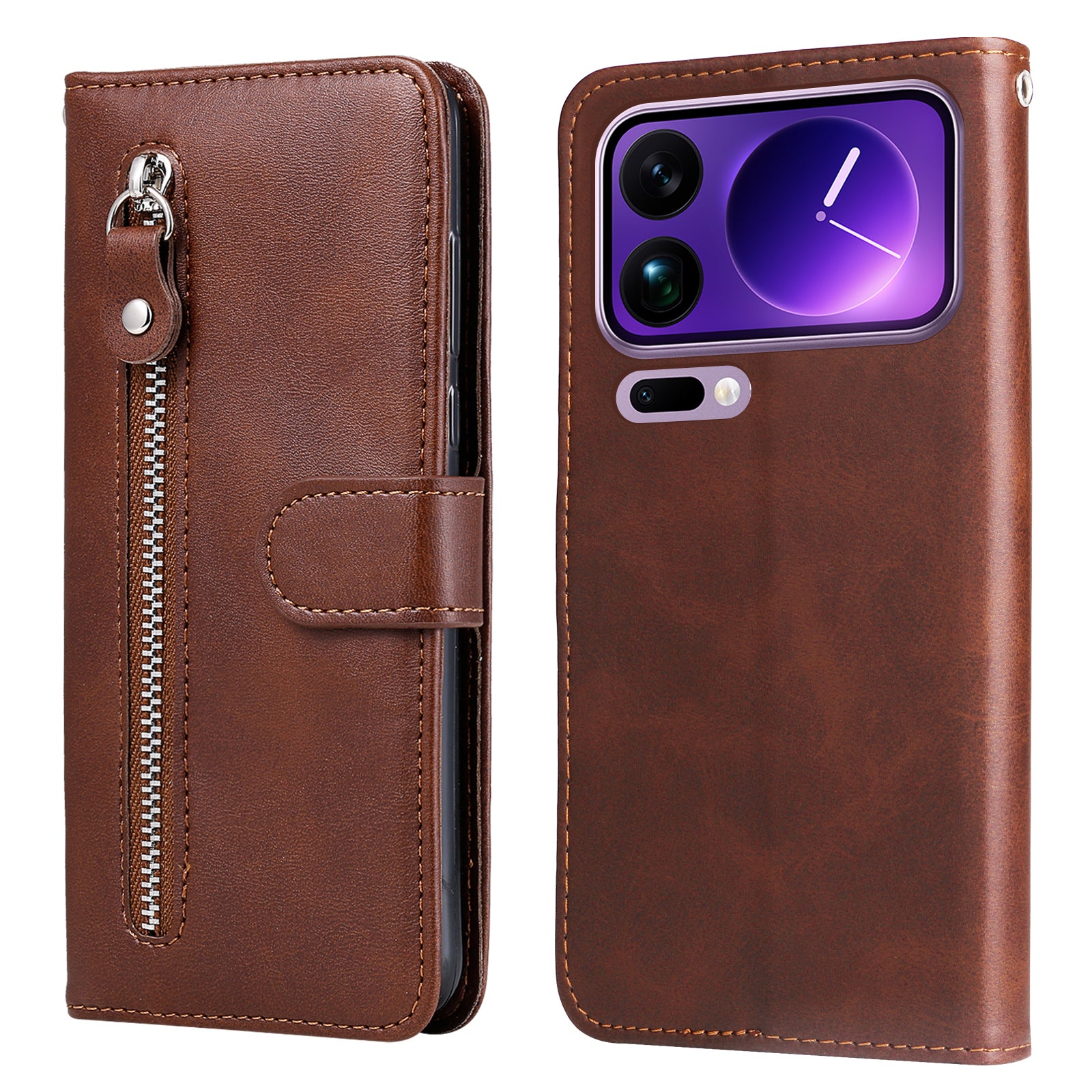 For Xiaomi 17 Pro Max PU Leather Cases with Zipper Pocket Wallet Phone Cover Stand - Brown