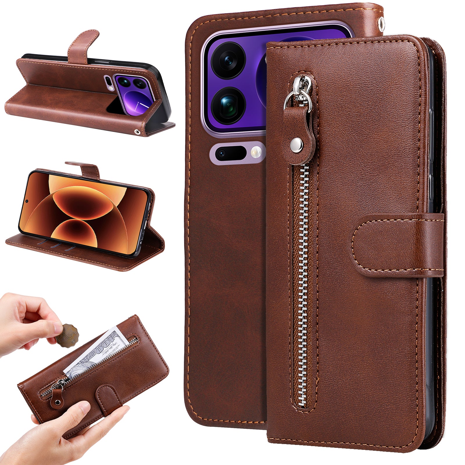 For Xiaomi 17 Pro Max PU Leather Cases with Zipper Pocket Wallet Phone Cover Stand - Brown