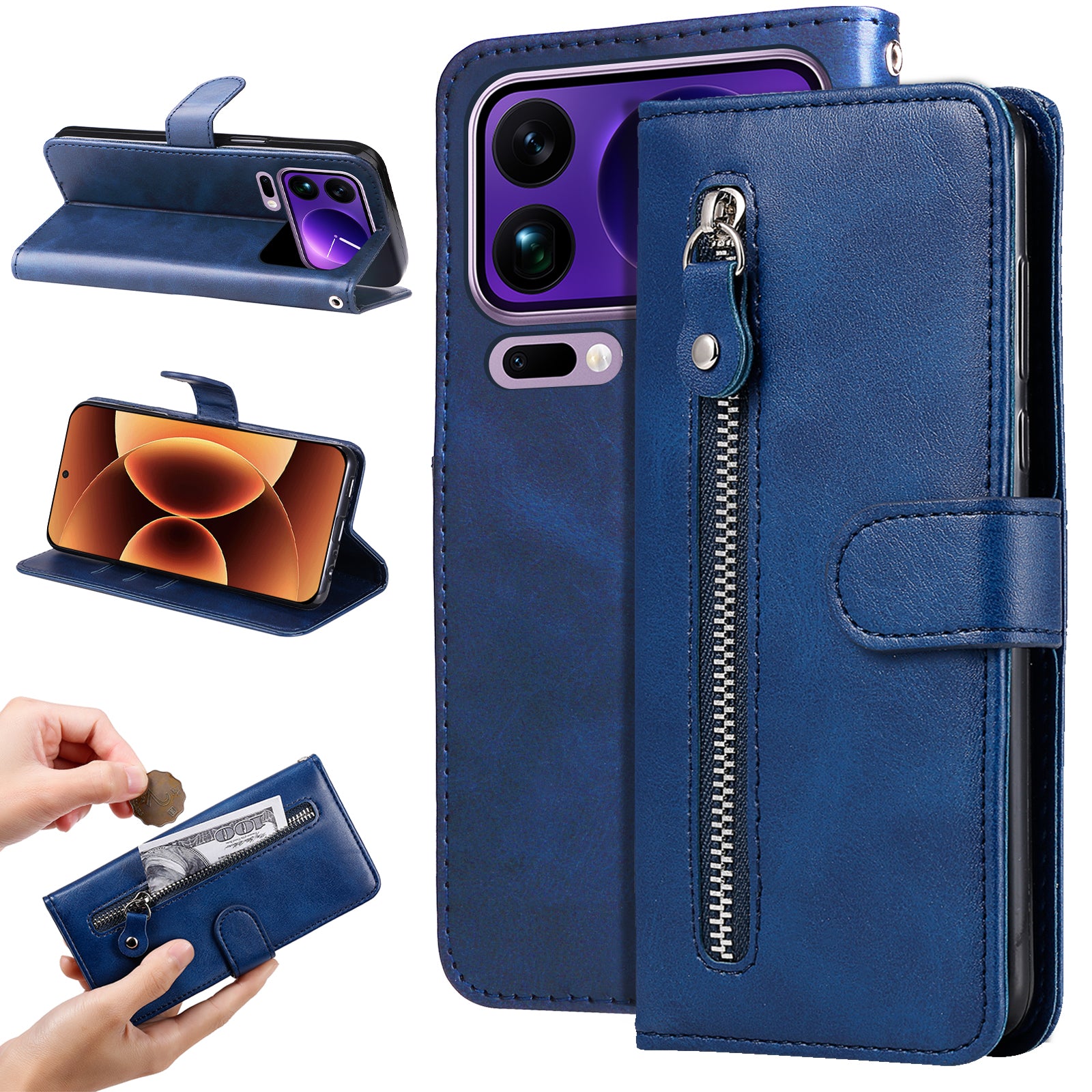 For Xiaomi 17 Pro Max PU Leather Cases with Zipper Pocket Wallet Phone Cover Stand - Blue
