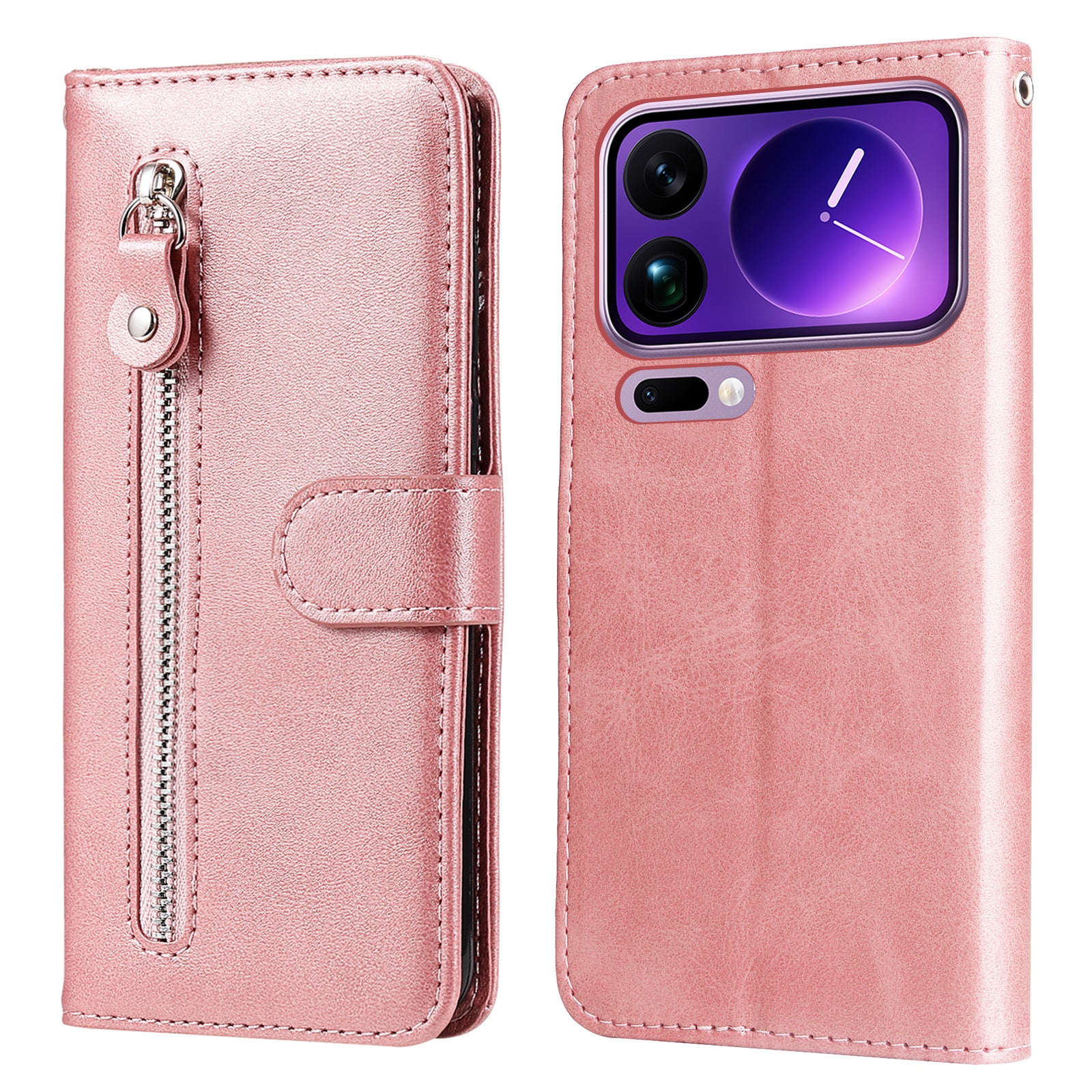 For Xiaomi 17 Pro Max PU Leather Cases with Zipper Pocket Wallet Phone Cover Stand - Pink
