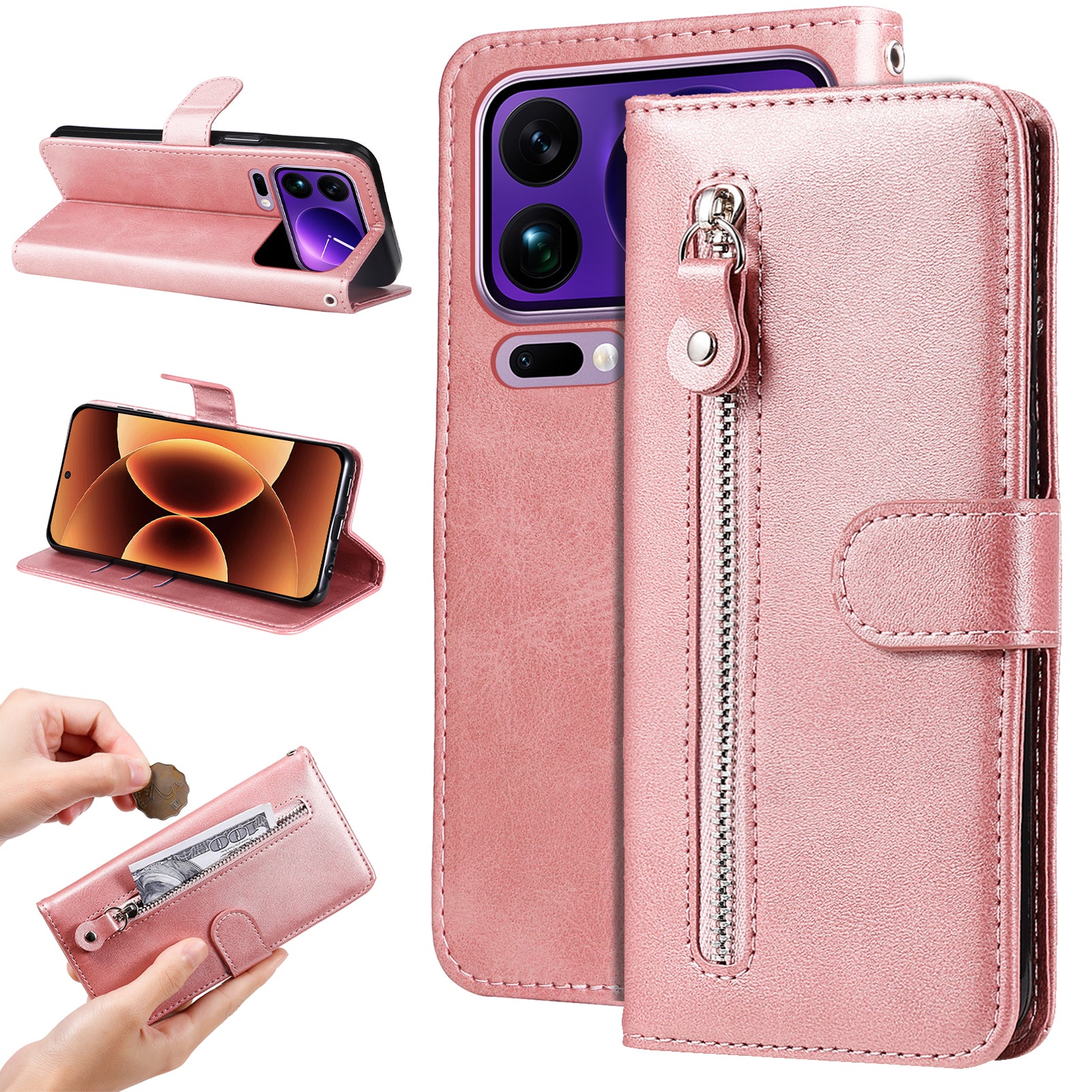 For Xiaomi 17 Pro Max PU Leather Cases with Zipper Pocket Wallet Phone Cover Stand - Pink