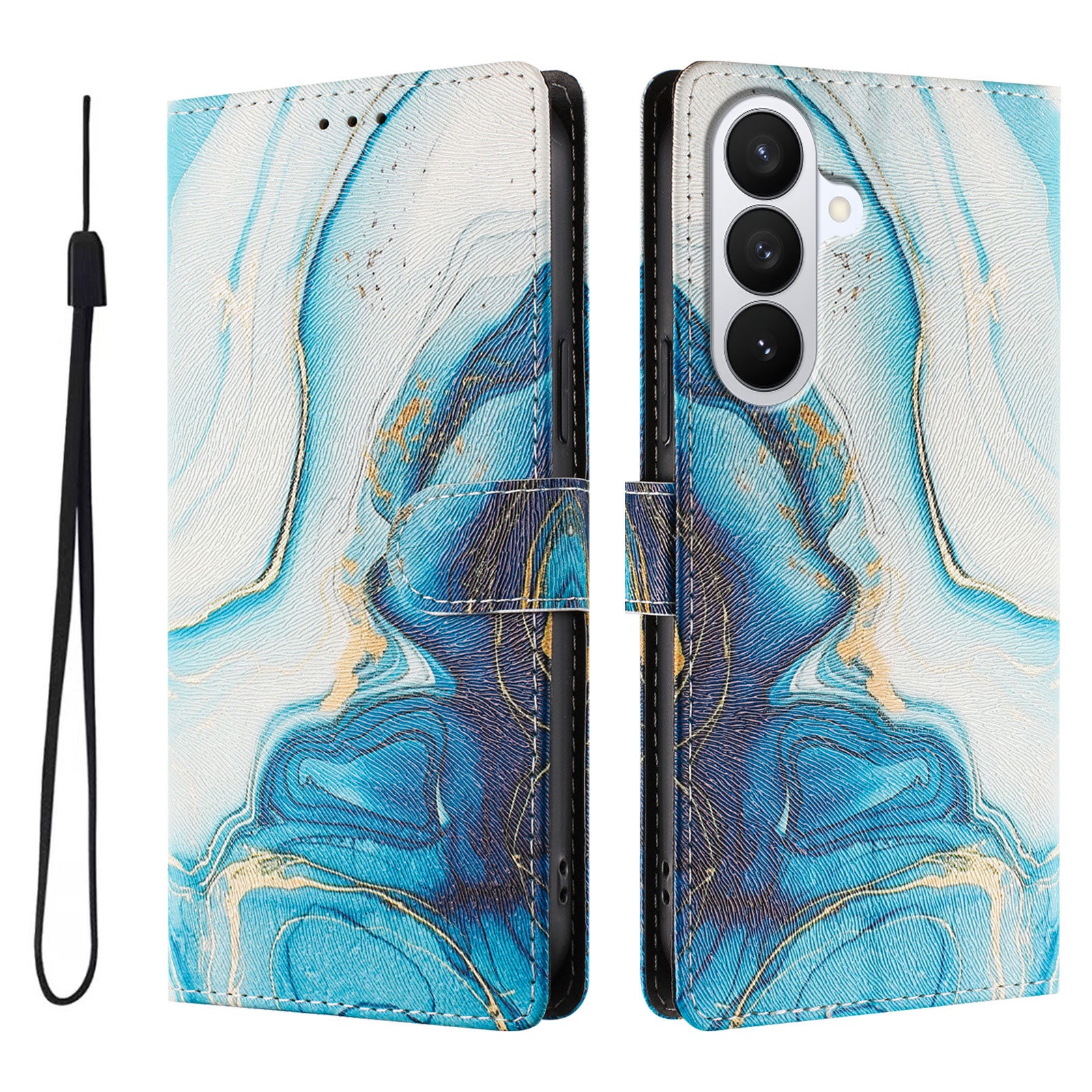 For-Samsung-Galaxy-S26-/-S26-Pro-Case-Pattern-Print-PU-Leather-Wallet-Phone-Cover-with-Wrist-Strap-Blue-Marble
