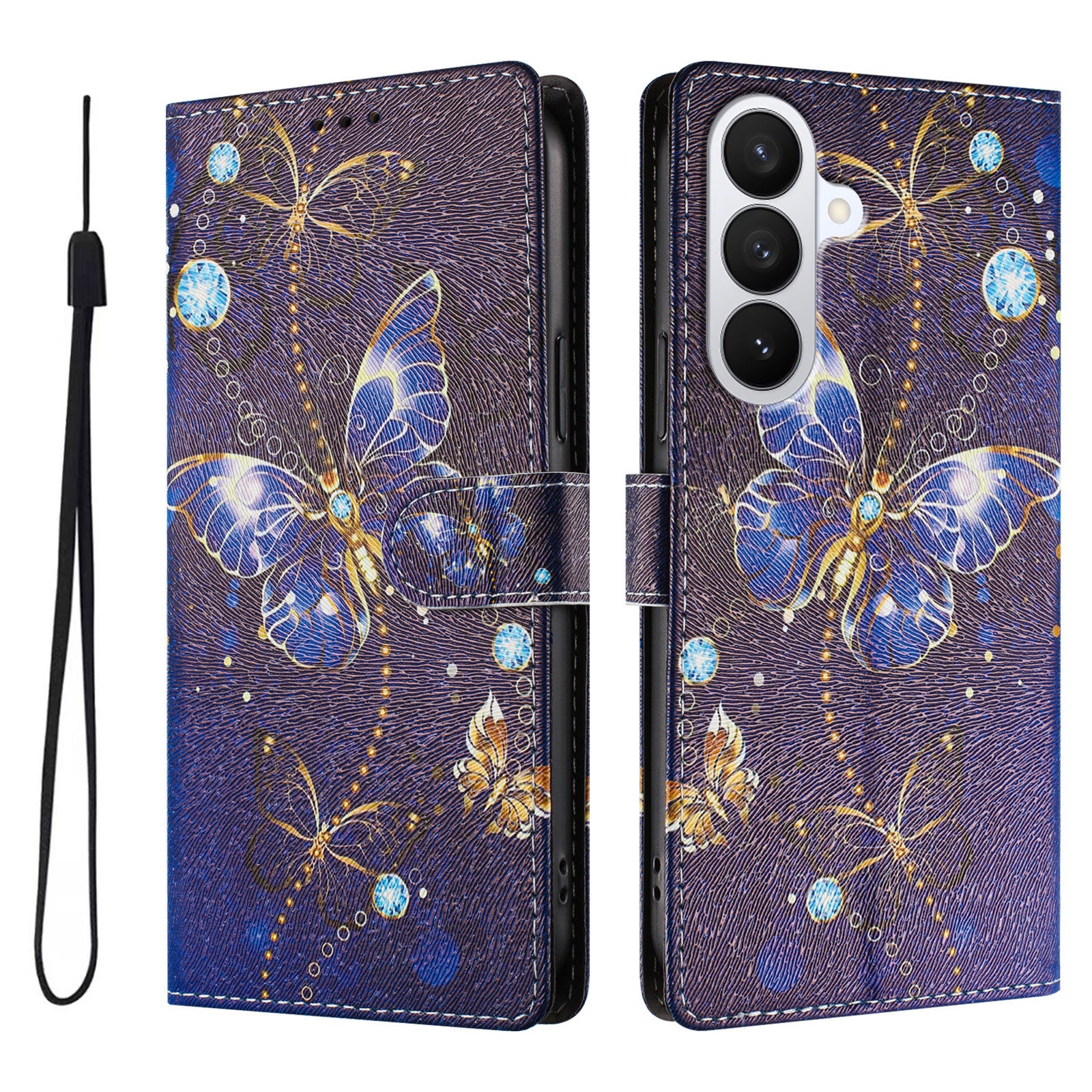 For-Samsung-Galaxy-S26-/-S26-Pro-Case-Pattern-Print-PU-Leather-Wallet-Phone-Cover-with-Wrist-Strap-Blue-Butterfly