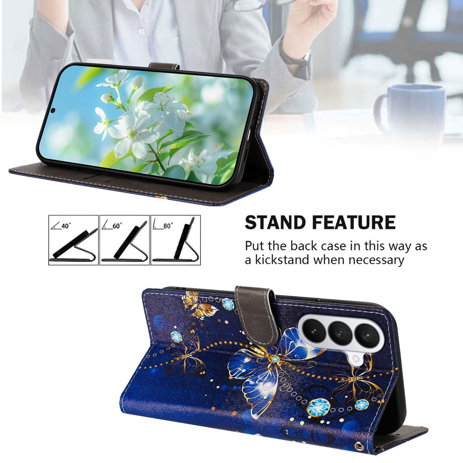 For-Samsung-Galaxy-S26-/-S26-Pro-Case-Pattern-Print-PU-Leather-Wallet-Phone-Cover-with-Wrist-Strap-Blue-Butterfly