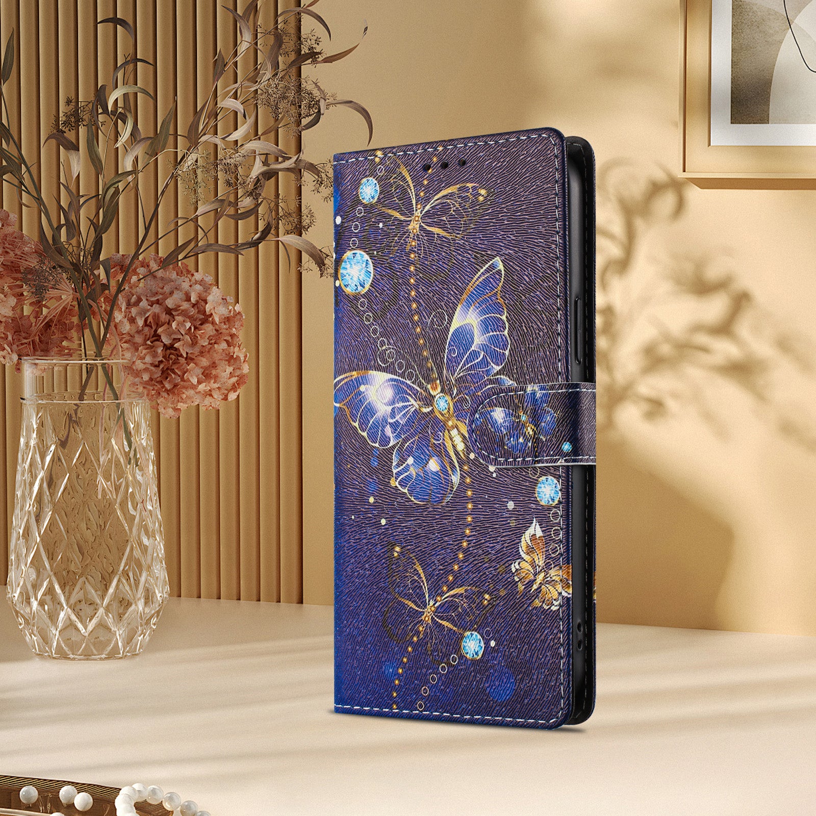 For-Samsung-Galaxy-S26-/-S26-Pro-Case-Pattern-Print-PU-Leather-Wallet-Phone-Cover-with-Wrist-Strap-Blue-Butterfly