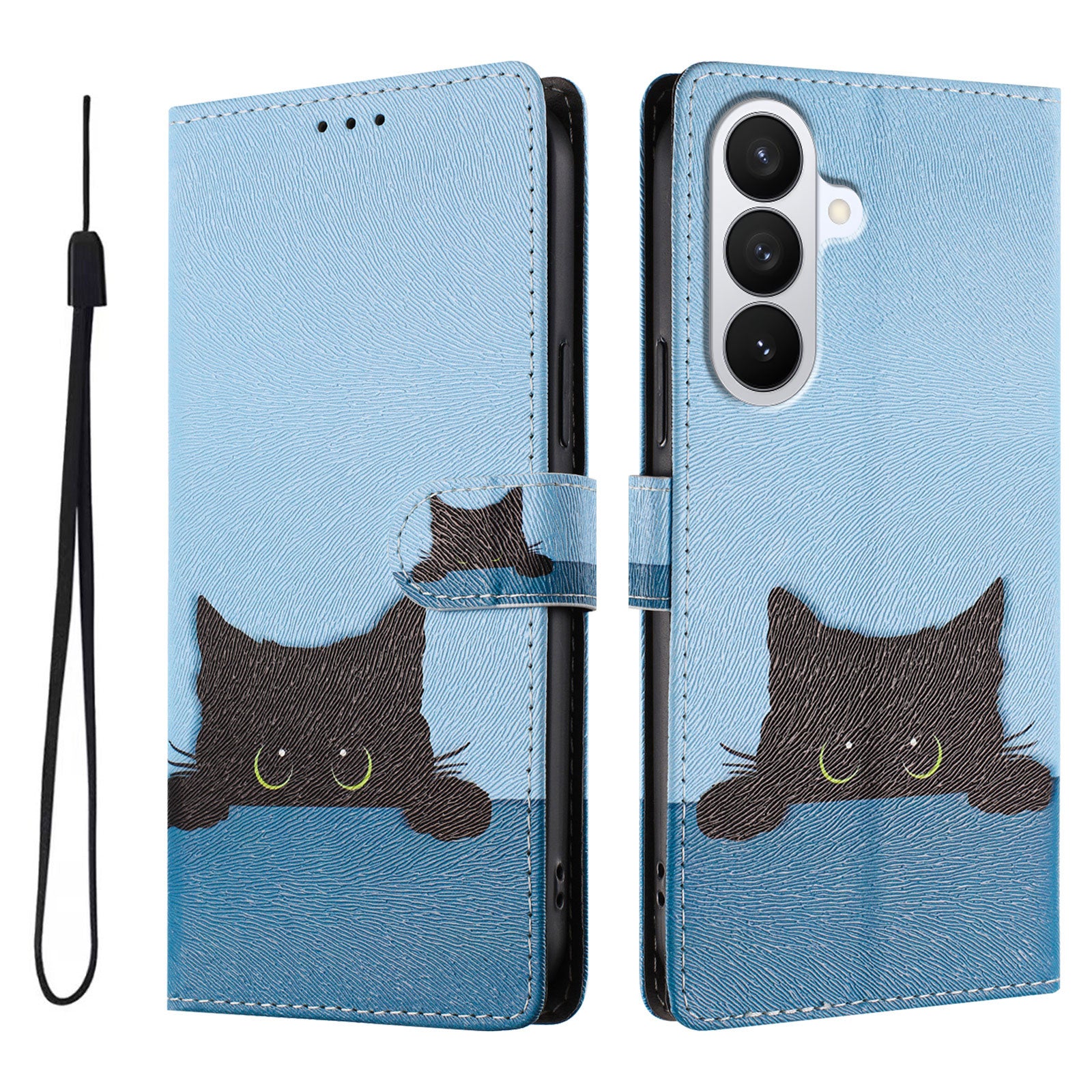 For-Samsung-Galaxy-S26-/-S26-Pro-Case-Pattern-Print-PU-Leather-Wallet-Phone-Cover-with-Wrist-Strap-Black-Cat