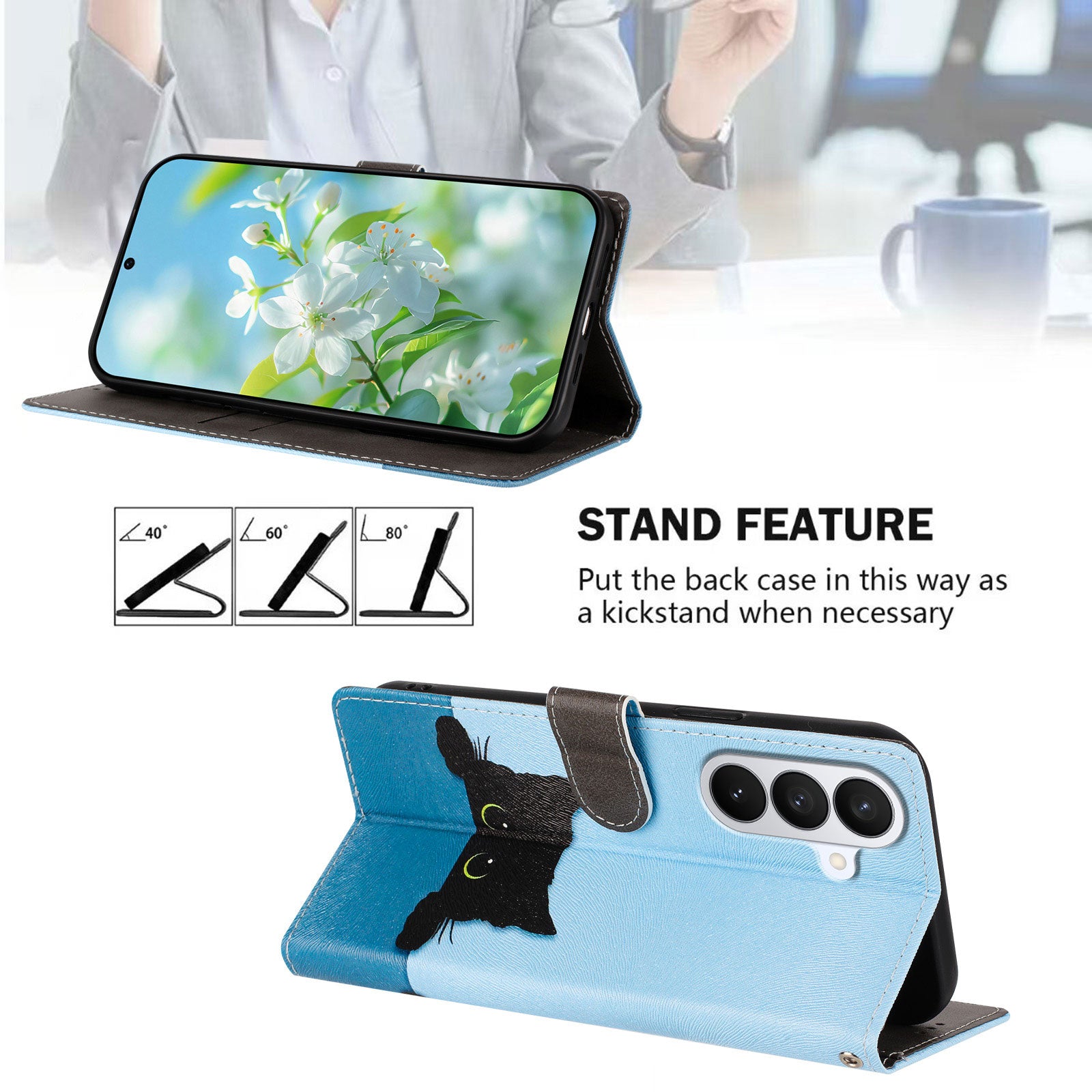 For-Samsung-Galaxy-S26-/-S26-Pro-Case-Pattern-Print-PU-Leather-Wallet-Phone-Cover-with-Wrist-Strap-Black-Cat