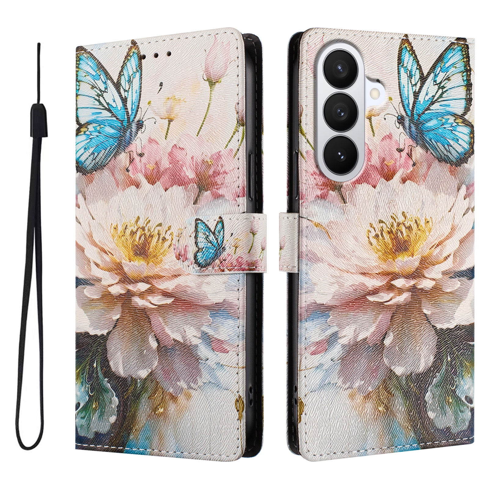 For-Samsung-Galaxy-S26-/-S26-Pro-Case-Pattern-Print-PU-Leather-Wallet-Phone-Cover-with-Wrist-Strap-Butterfly-/-Flower