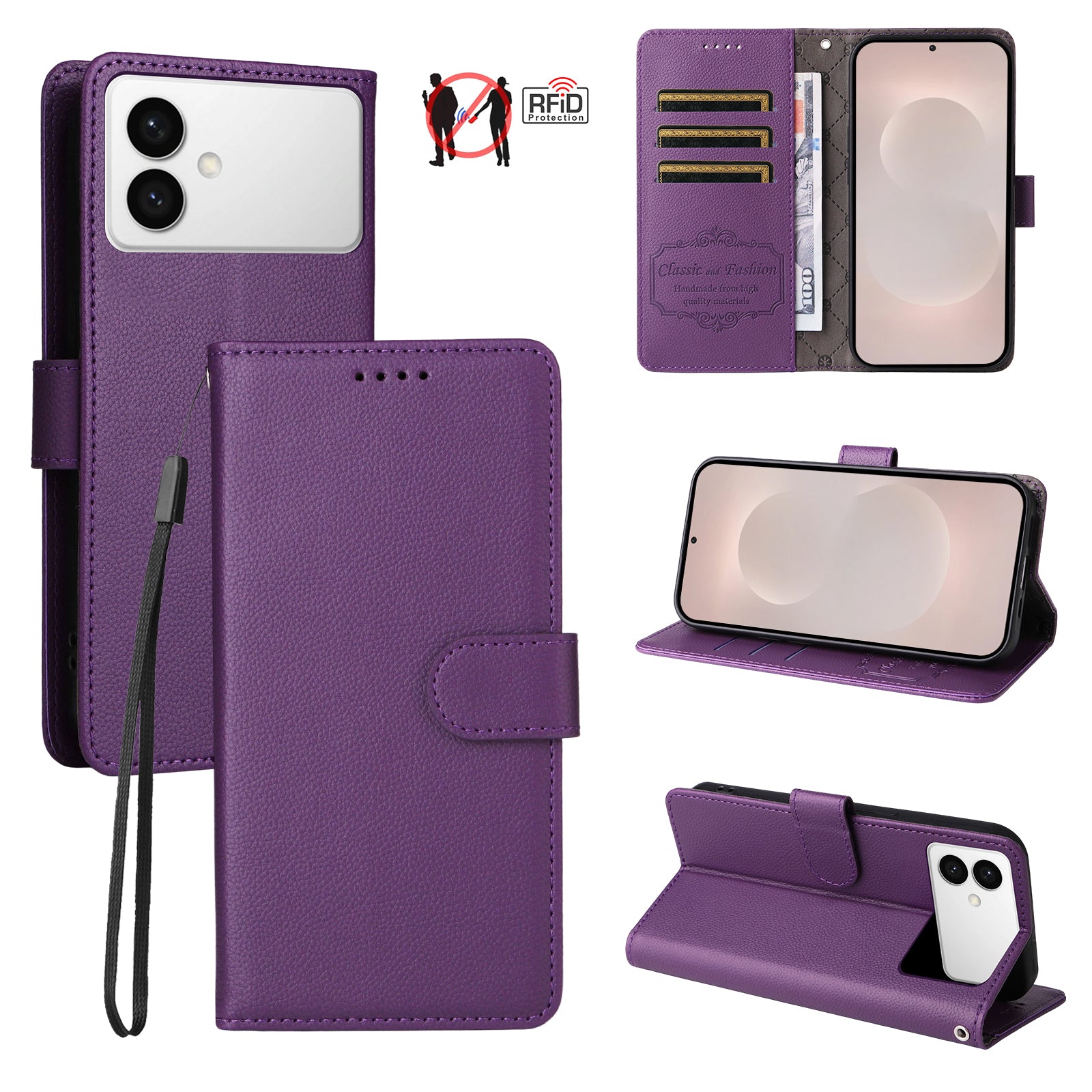 For-Samsung-Galaxy-S26-Edge-Case-RFID-Blocking-3-Card-Slots-PU-Leather-Phone-Cover-with-Wrist-Strap-Purple