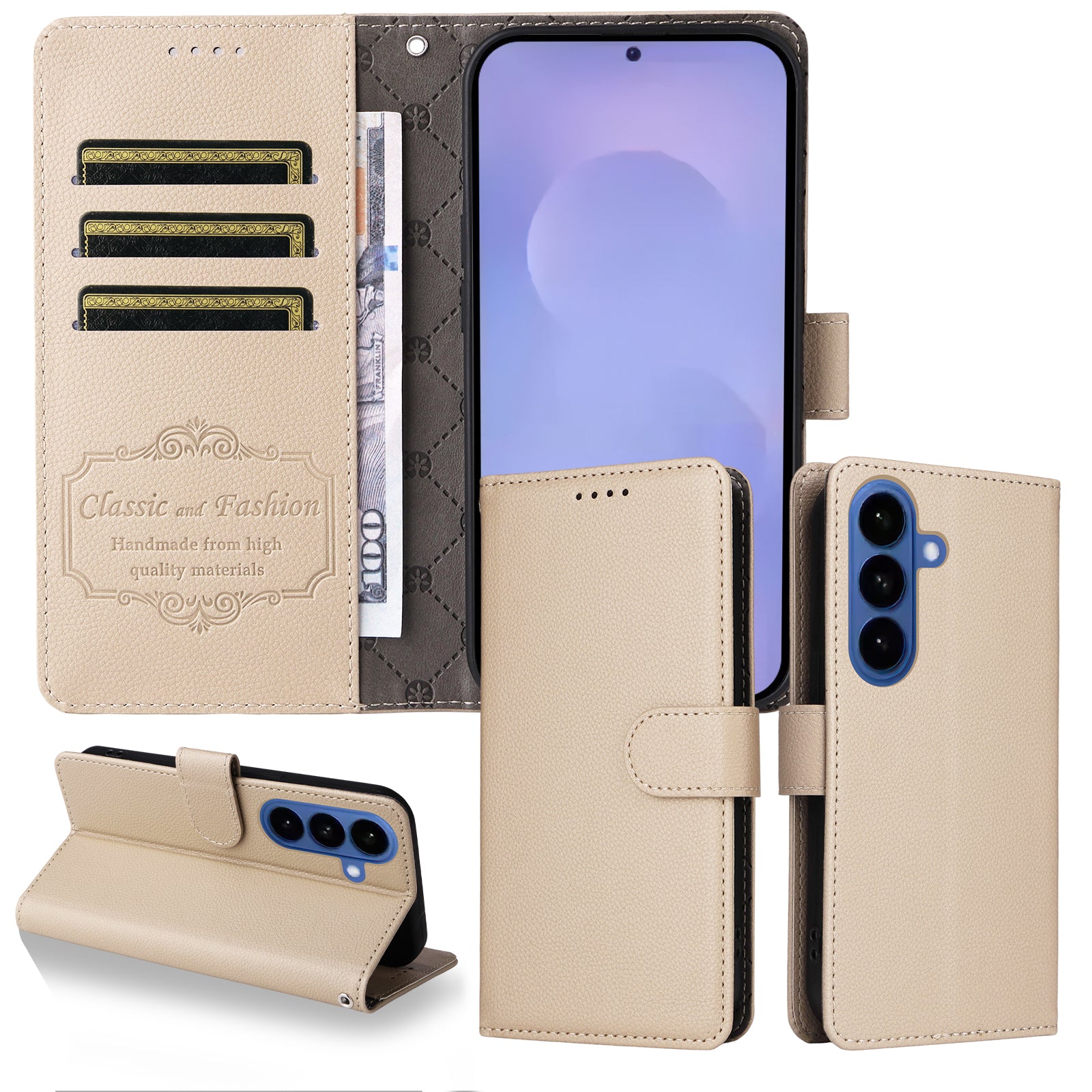 For-Samsung-Galaxy-S26-/-S26-Pro-Case-RFID-Blocking-3-Card-Slots-PU-Leather-Phone-Cover-with-Wrist-Strap-Creamy-White