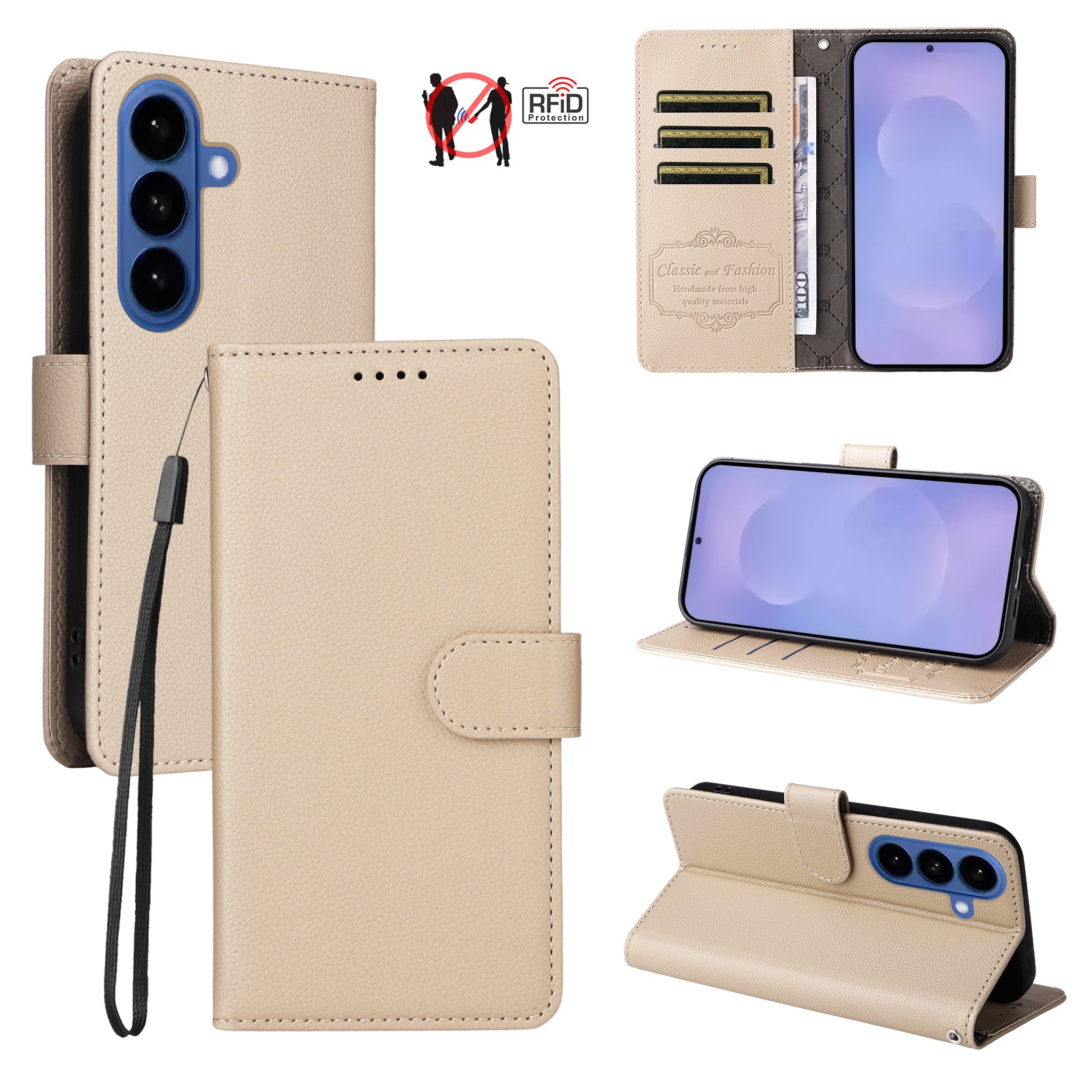 For-Samsung-Galaxy-S26-/-S26-Pro-Case-RFID-Blocking-3-Card-Slots-PU-Leather-Phone-Cover-with-Wrist-Strap-Creamy-White