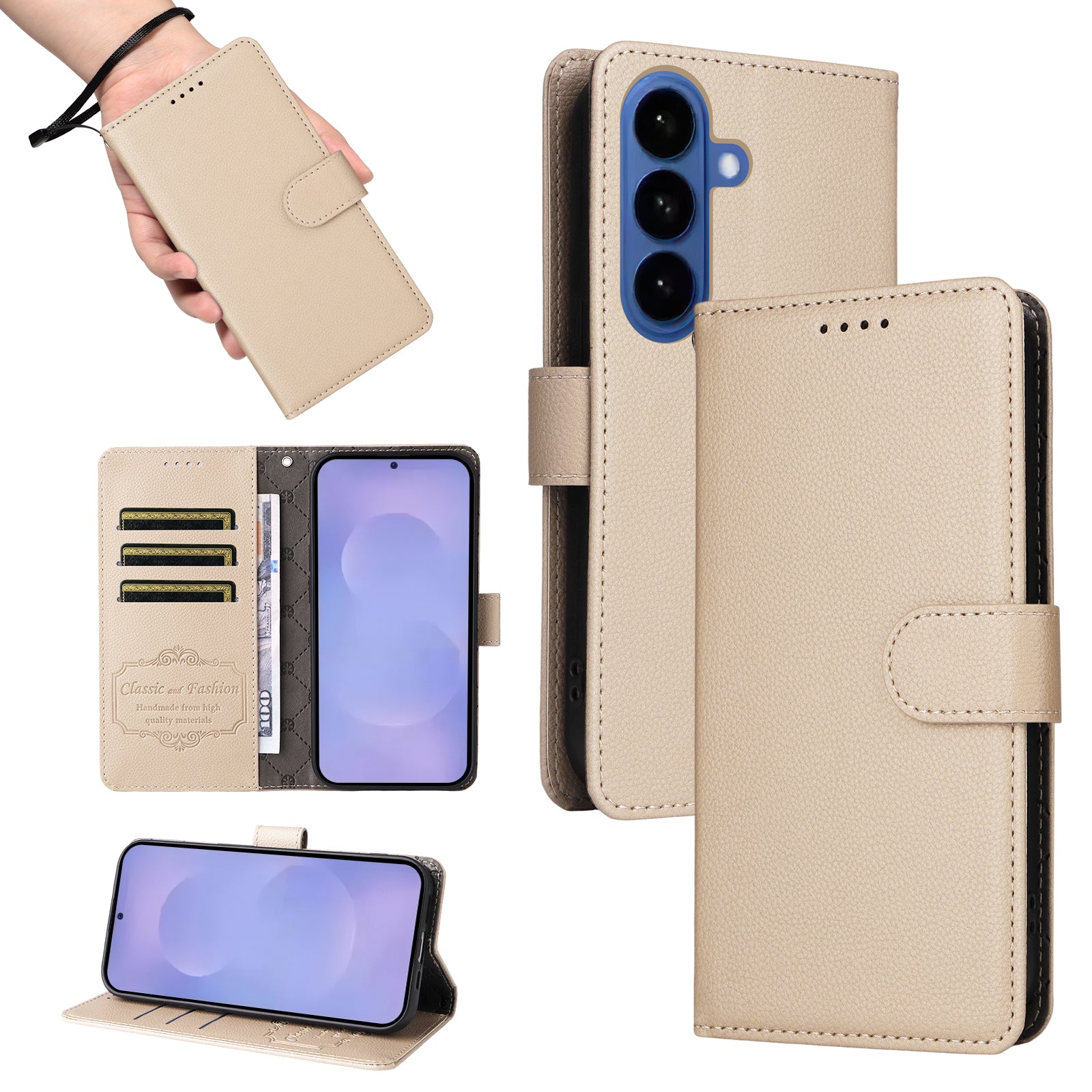 For-Samsung-Galaxy-S26-/-S26-Pro-Case-RFID-Blocking-3-Card-Slots-PU-Leather-Phone-Cover-with-Wrist-Strap-Creamy-White