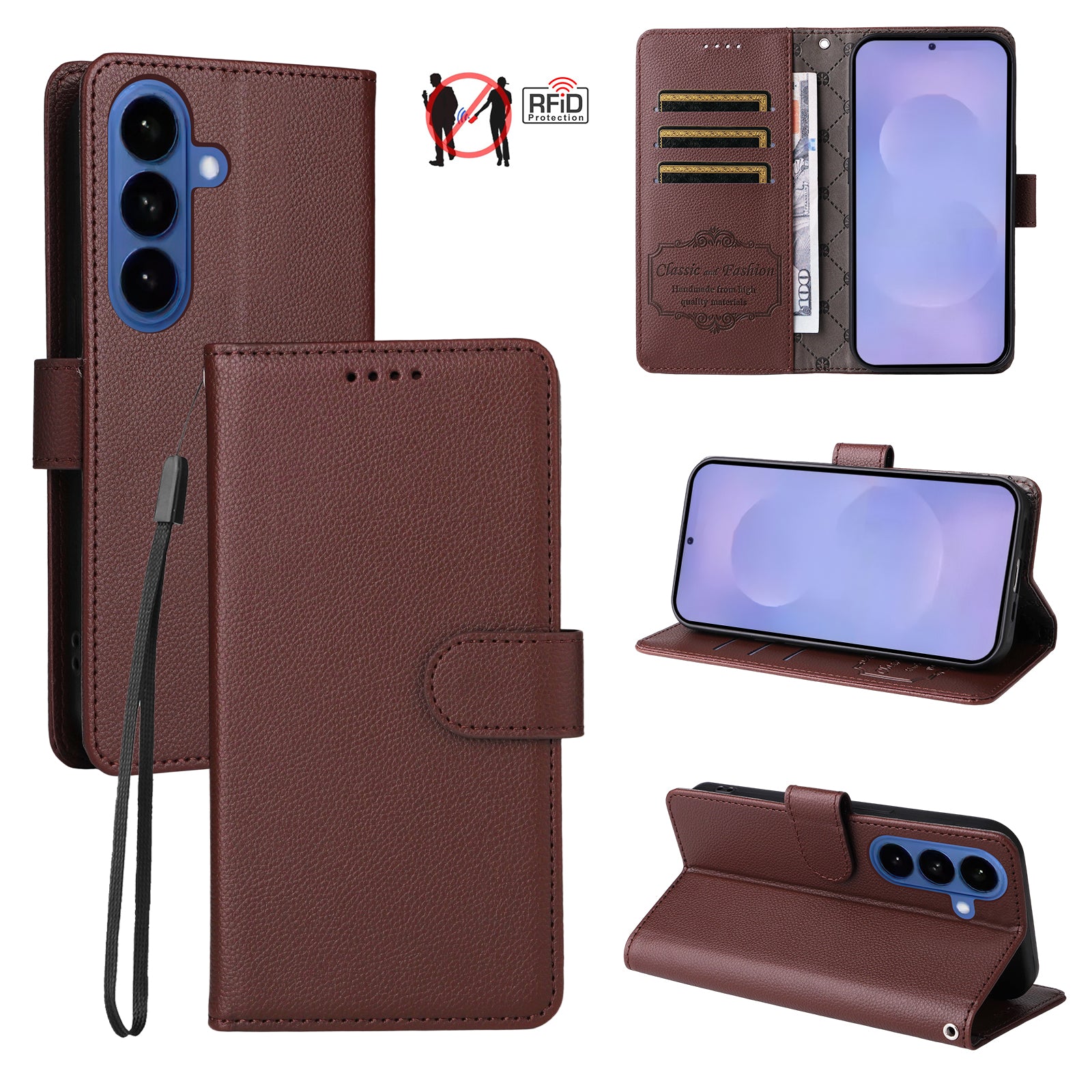 For-Samsung-Galaxy-S26-/-S26-Pro-Case-RFID-Blocking-3-Card-Slots-PU-Leather-Phone-Cover-with-Wrist-Strap-Brown