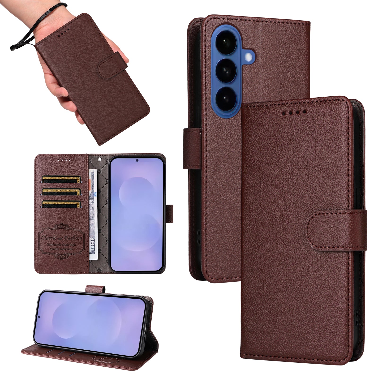 For-Samsung-Galaxy-S26-/-S26-Pro-Case-RFID-Blocking-3-Card-Slots-PU-Leather-Phone-Cover-with-Wrist-Strap-Brown