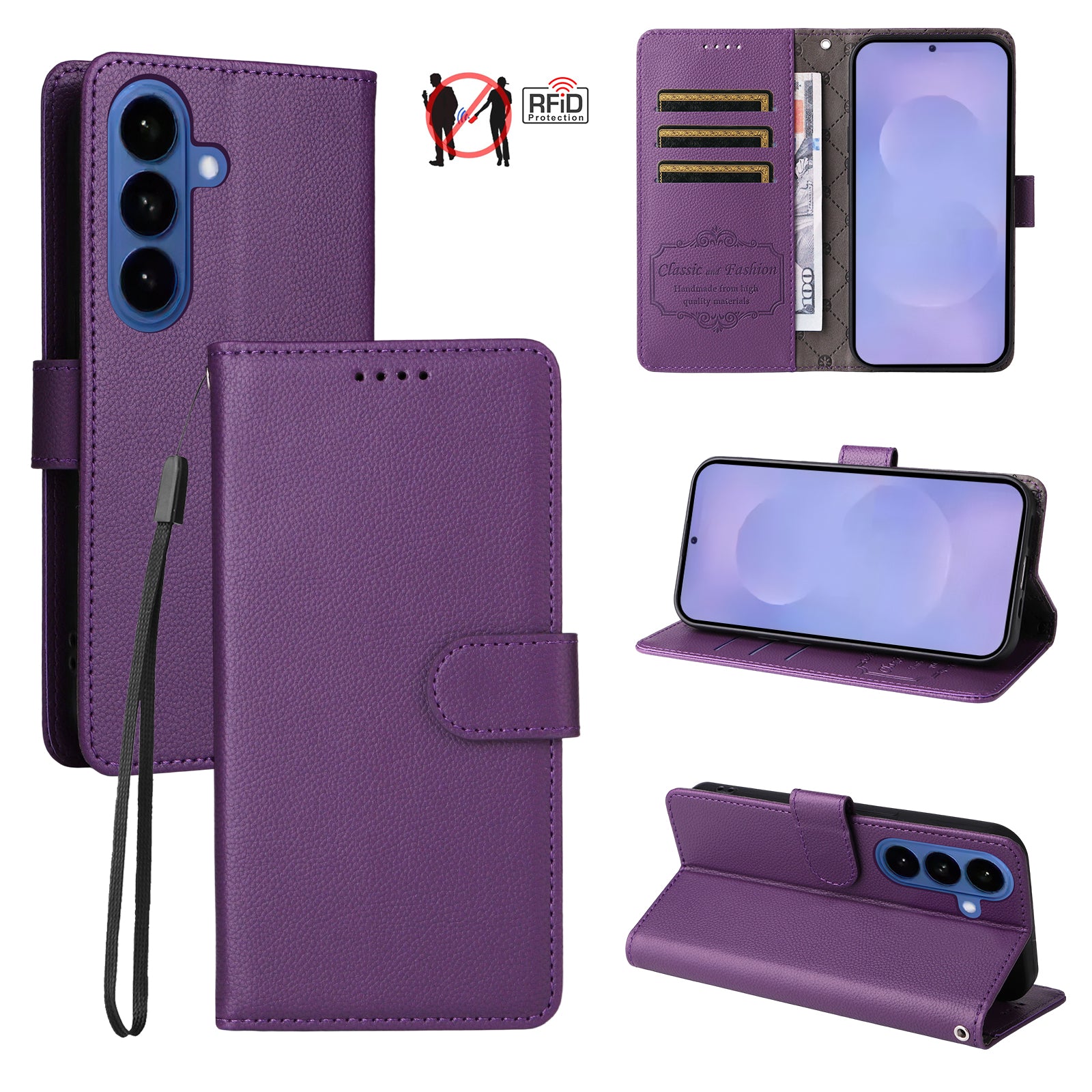 For-Samsung-Galaxy-S26-/-S26-Pro-Case-RFID-Blocking-3-Card-Slots-PU-Leather-Phone-Cover-with-Wrist-Strap-Purple