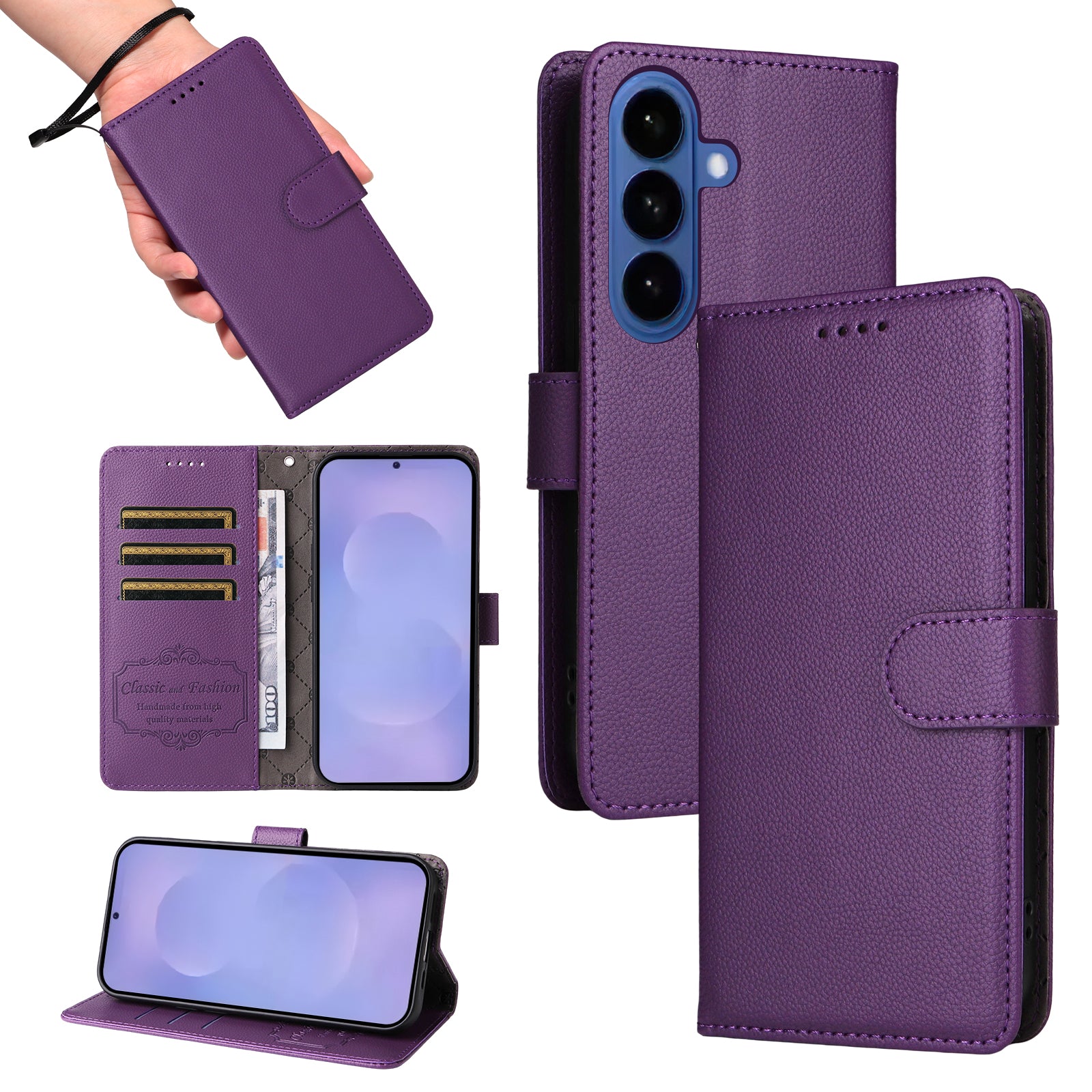 For-Samsung-Galaxy-S26-/-S26-Pro-Case-RFID-Blocking-3-Card-Slots-PU-Leather-Phone-Cover-with-Wrist-Strap-Purple