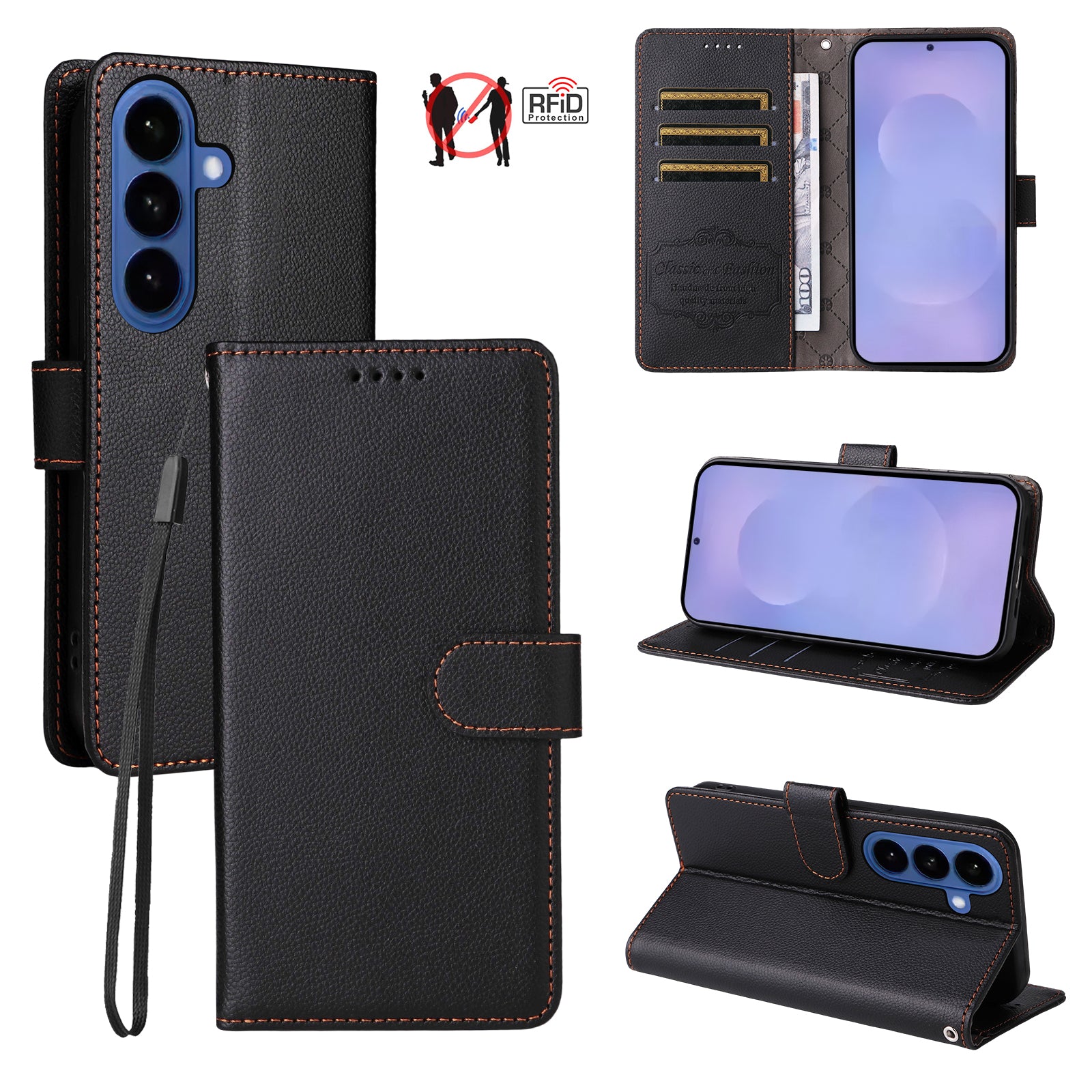 For-Samsung-Galaxy-S26-/-S26-Pro-Case-RFID-Blocking-3-Card-Slots-PU-Leather-Phone-Cover-with-Wrist-Strap-Black