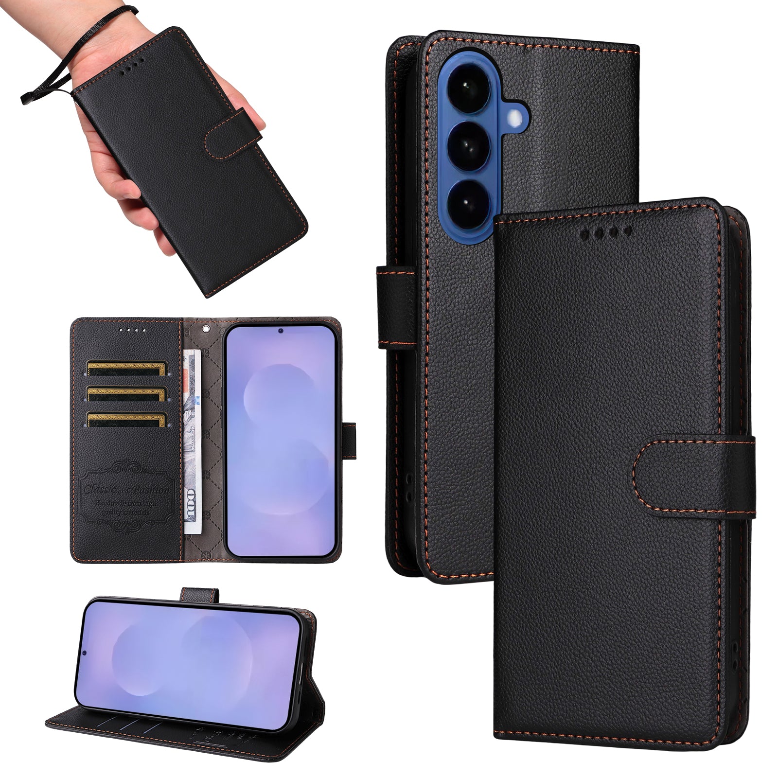 For-Samsung-Galaxy-S26-/-S26-Pro-Case-RFID-Blocking-3-Card-Slots-PU-Leather-Phone-Cover-with-Wrist-Strap-Black