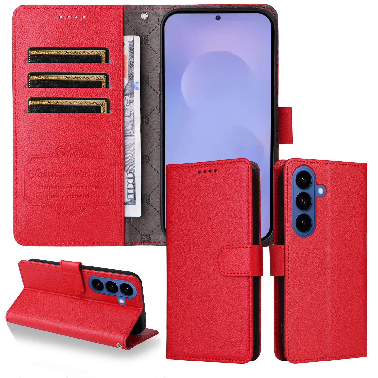 For-Samsung-Galaxy-S26-/-S26-Pro-Case-RFID-Blocking-3-Card-Slots-PU-Leather-Phone-Cover-with-Wrist-Strap-Red
