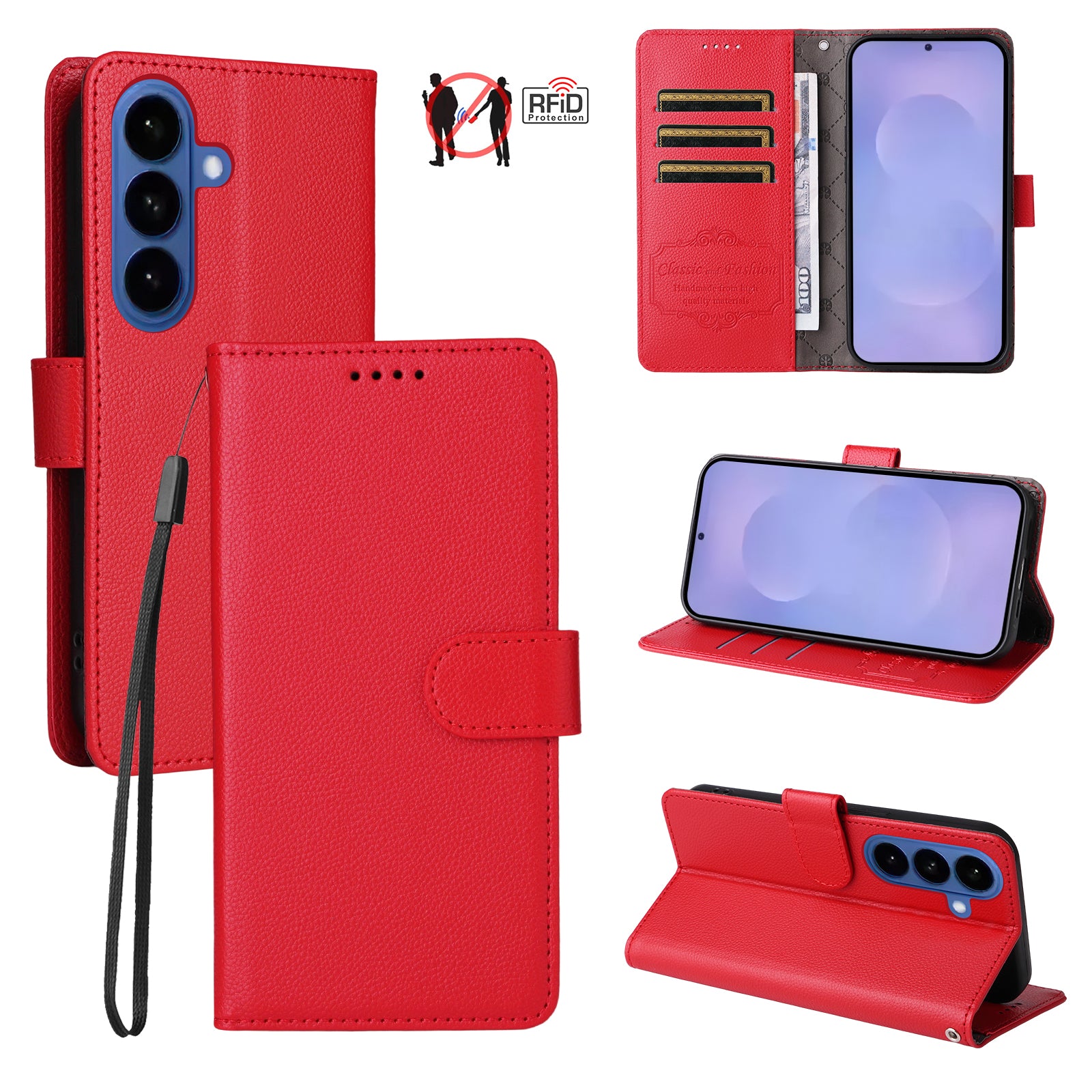 For-Samsung-Galaxy-S26-/-S26-Pro-Case-RFID-Blocking-3-Card-Slots-PU-Leather-Phone-Cover-with-Wrist-Strap-Red