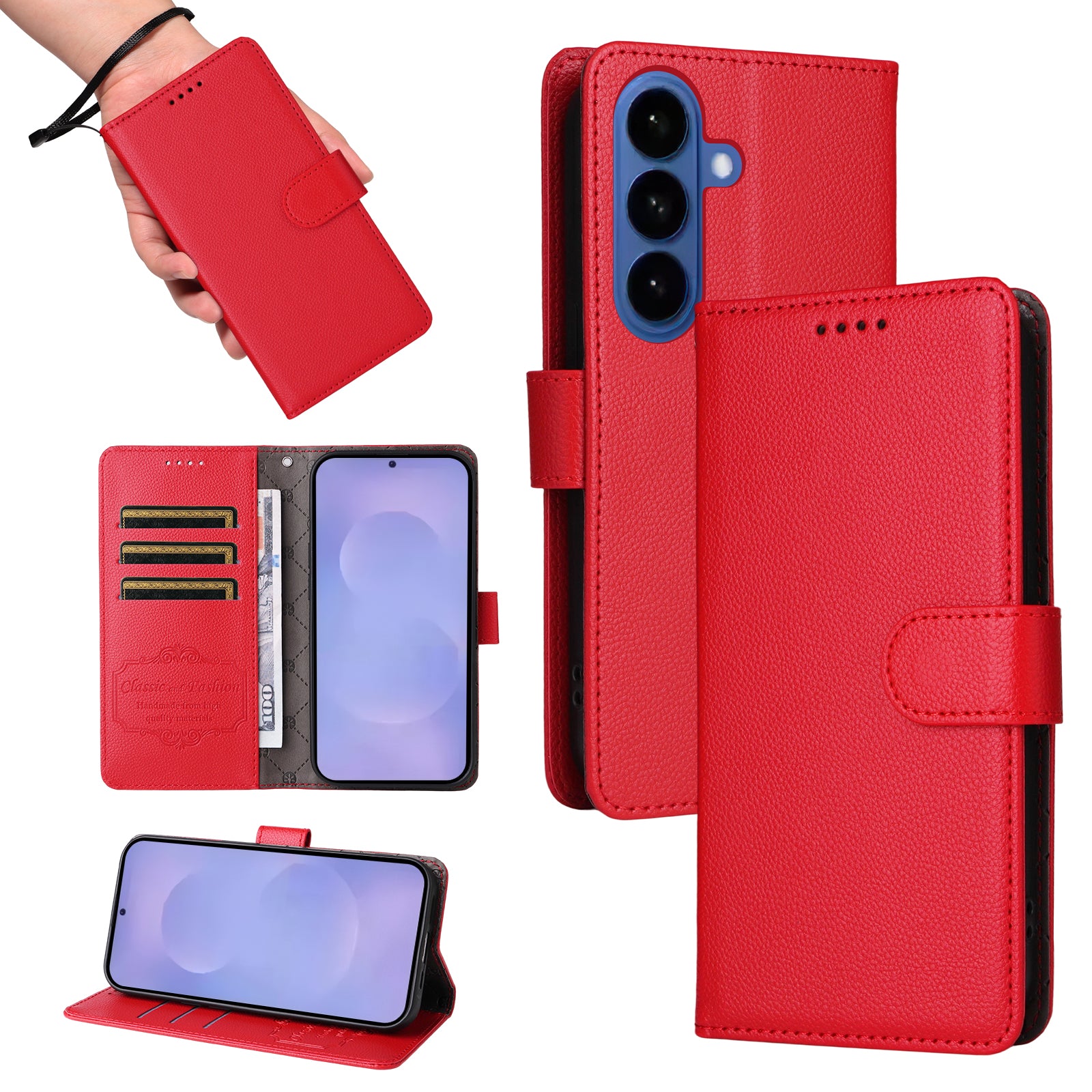 For-Samsung-Galaxy-S26-/-S26-Pro-Case-RFID-Blocking-3-Card-Slots-PU-Leather-Phone-Cover-with-Wrist-Strap-Red