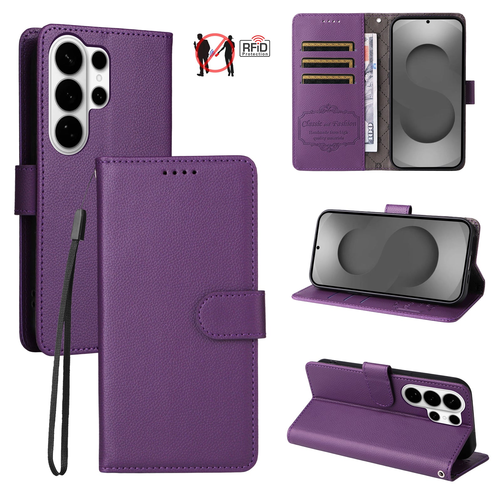 For-Samsung-Galaxy-S26-Ultra-Case-RFID-Blocking-3-Card-Slots-PU-Leather-Phone-Cover-with-Wrist-Strap-Purple