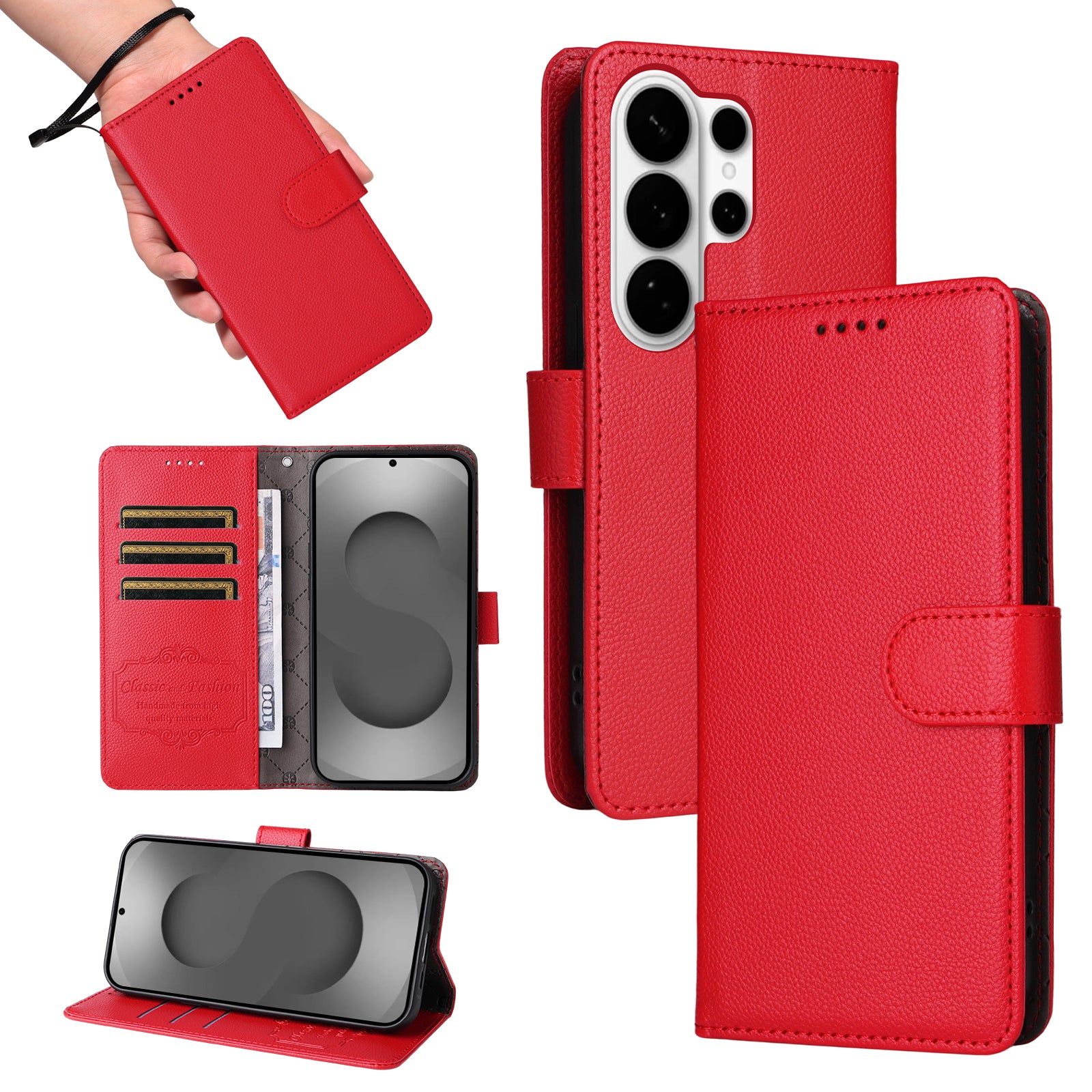 For-Samsung-Galaxy-S26-Ultra-Case-RFID-Blocking-3-Card-Slots-PU-Leather-Phone-Cover-with-Wrist-Strap-Red