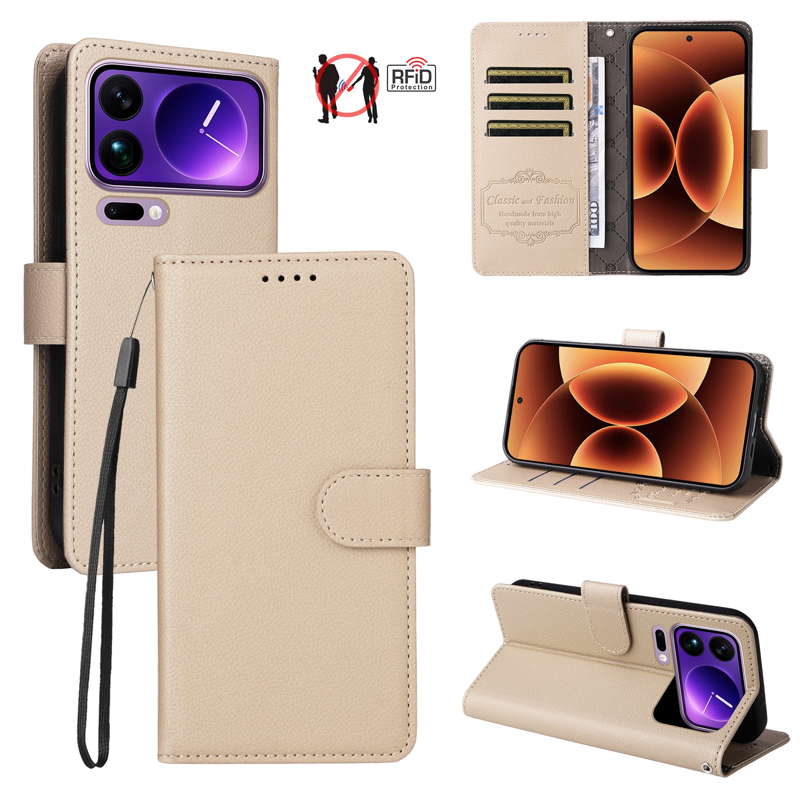 For Xiaomi 17 Pro Max Case RFID Blocking 3 Card Slots PU Leather Phone Cover with Wrist Strap - Creamy White