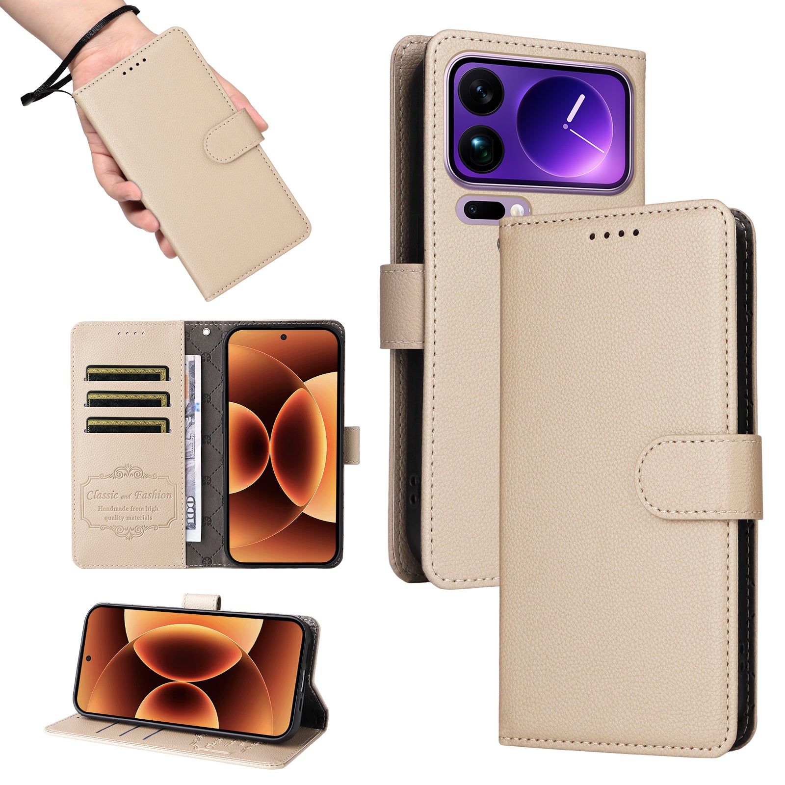 For Xiaomi 17 Pro Max Case RFID Blocking 3 Card Slots PU Leather Phone Cover with Wrist Strap - Creamy White