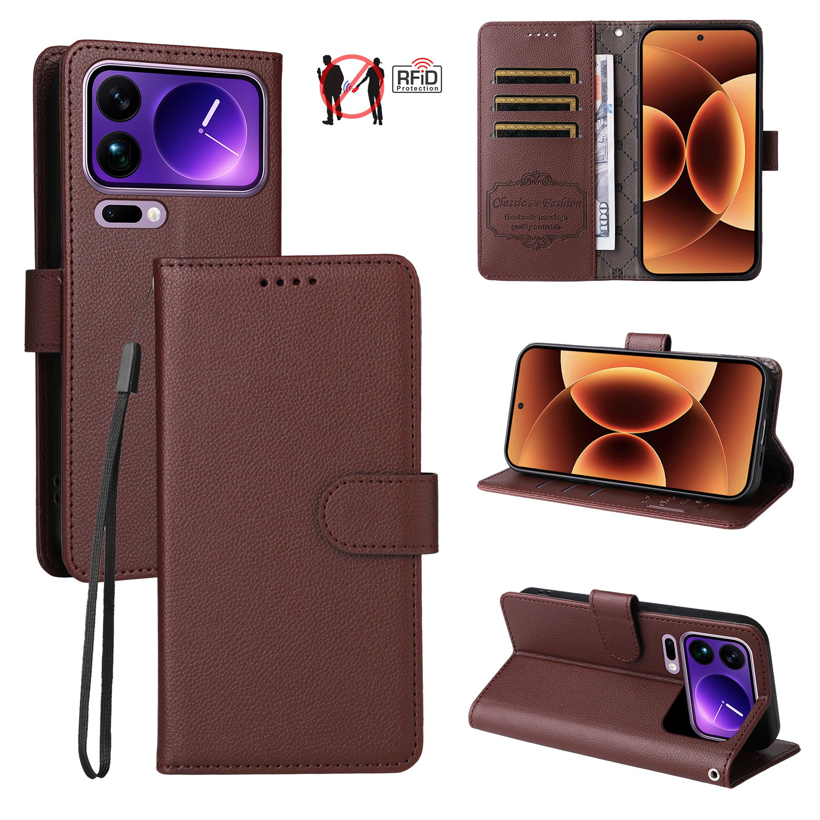 For Xiaomi 17 Pro Max Case RFID Blocking 3 Card Slots PU Leather Phone Cover with Wrist Strap - Brown