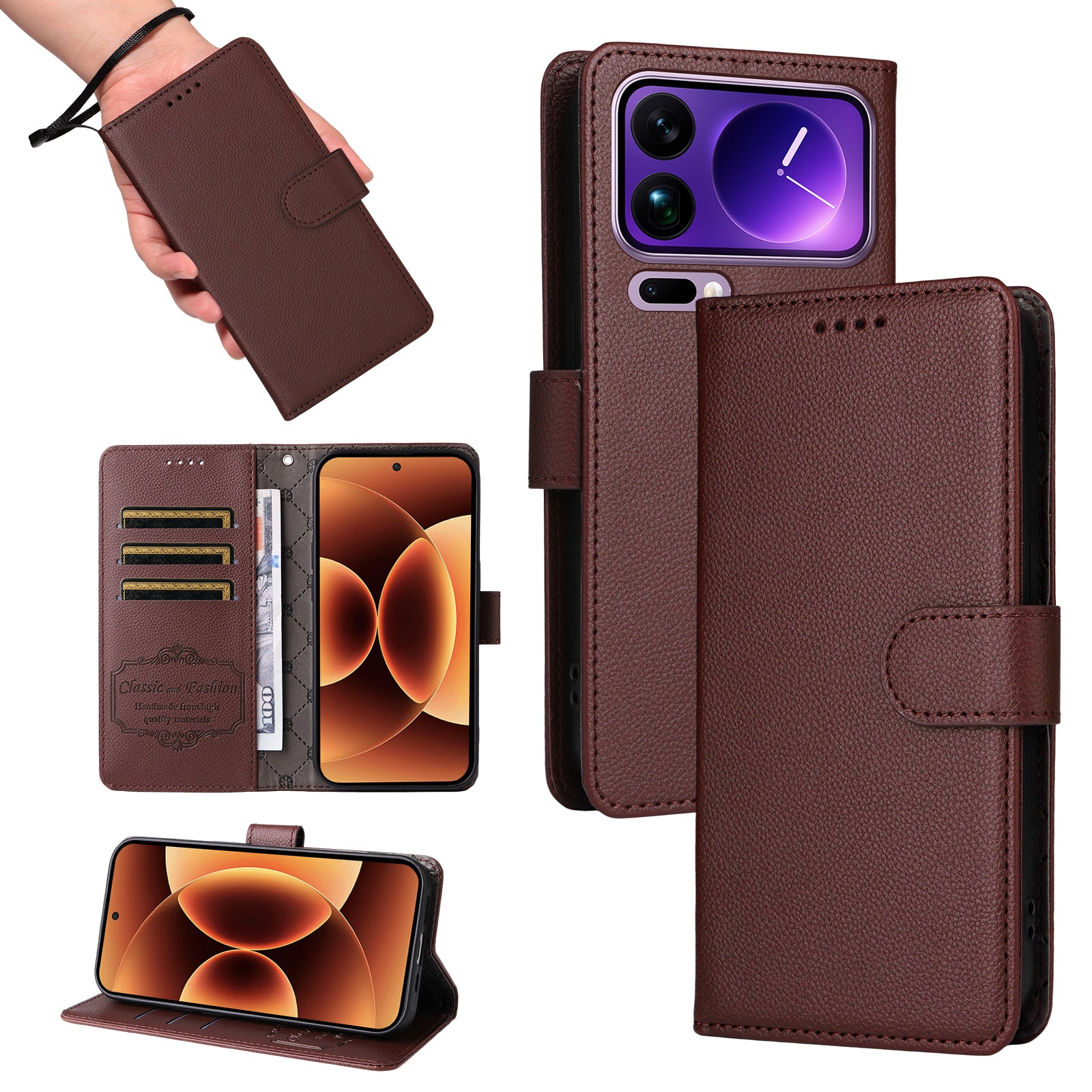 For Xiaomi 17 Pro Max Case RFID Blocking 3 Card Slots PU Leather Phone Cover with Wrist Strap - Brown