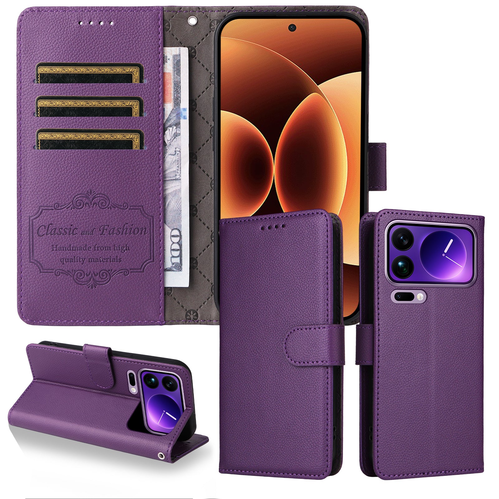 For Xiaomi 17 Pro Max Case RFID Blocking 3 Card Slots PU Leather Phone Cover with Wrist Strap - Purple