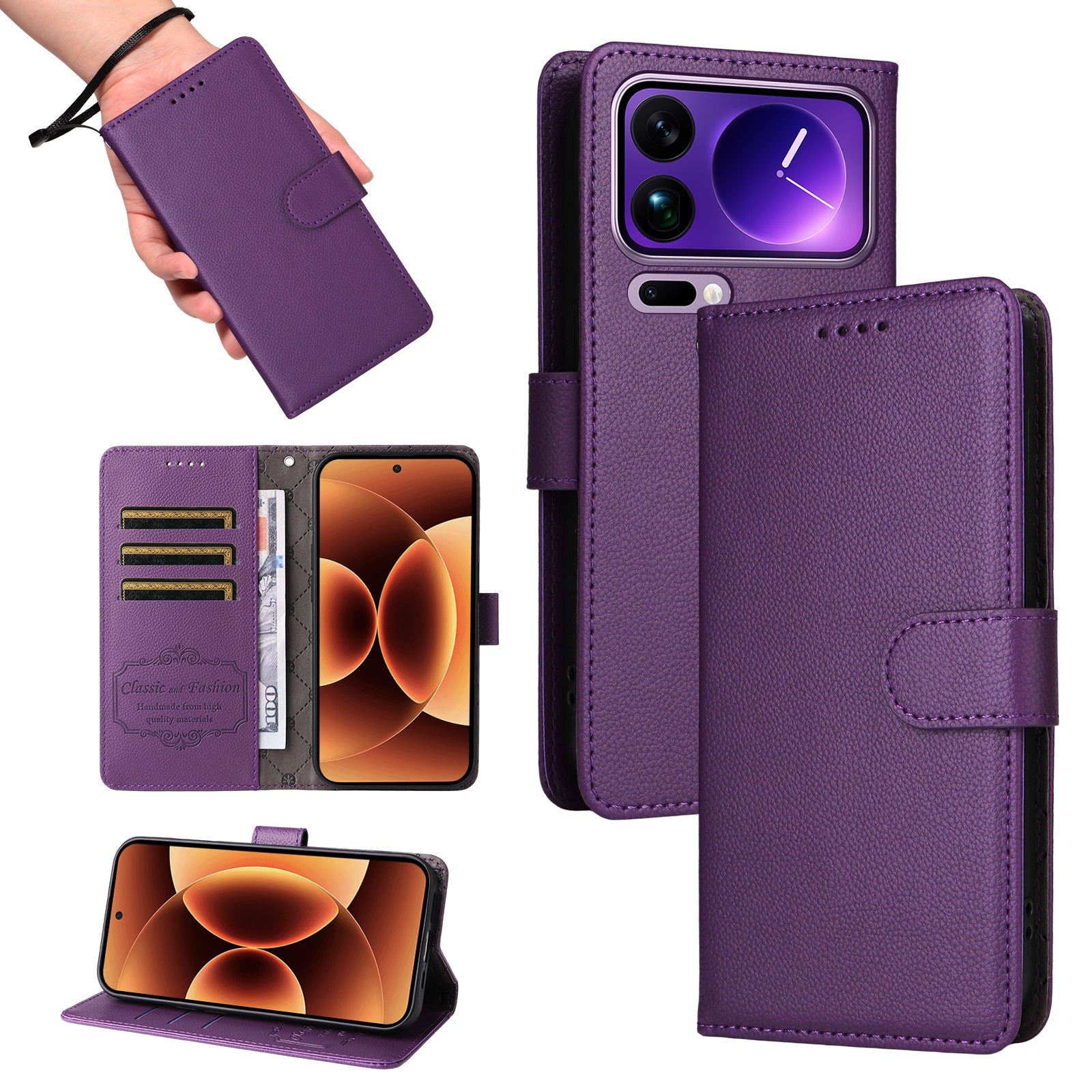 For Xiaomi 17 Pro Max Case RFID Blocking 3 Card Slots PU Leather Phone Cover with Wrist Strap - Purple