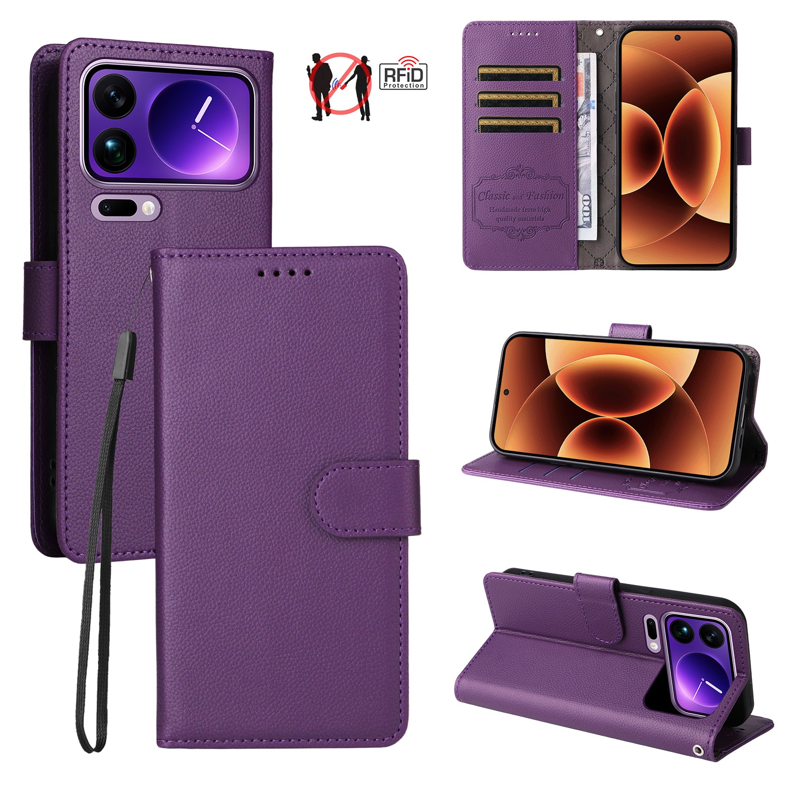 For Xiaomi 17 Pro Max Case RFID Blocking 3 Card Slots PU Leather Phone Cover with Wrist Strap - Purple