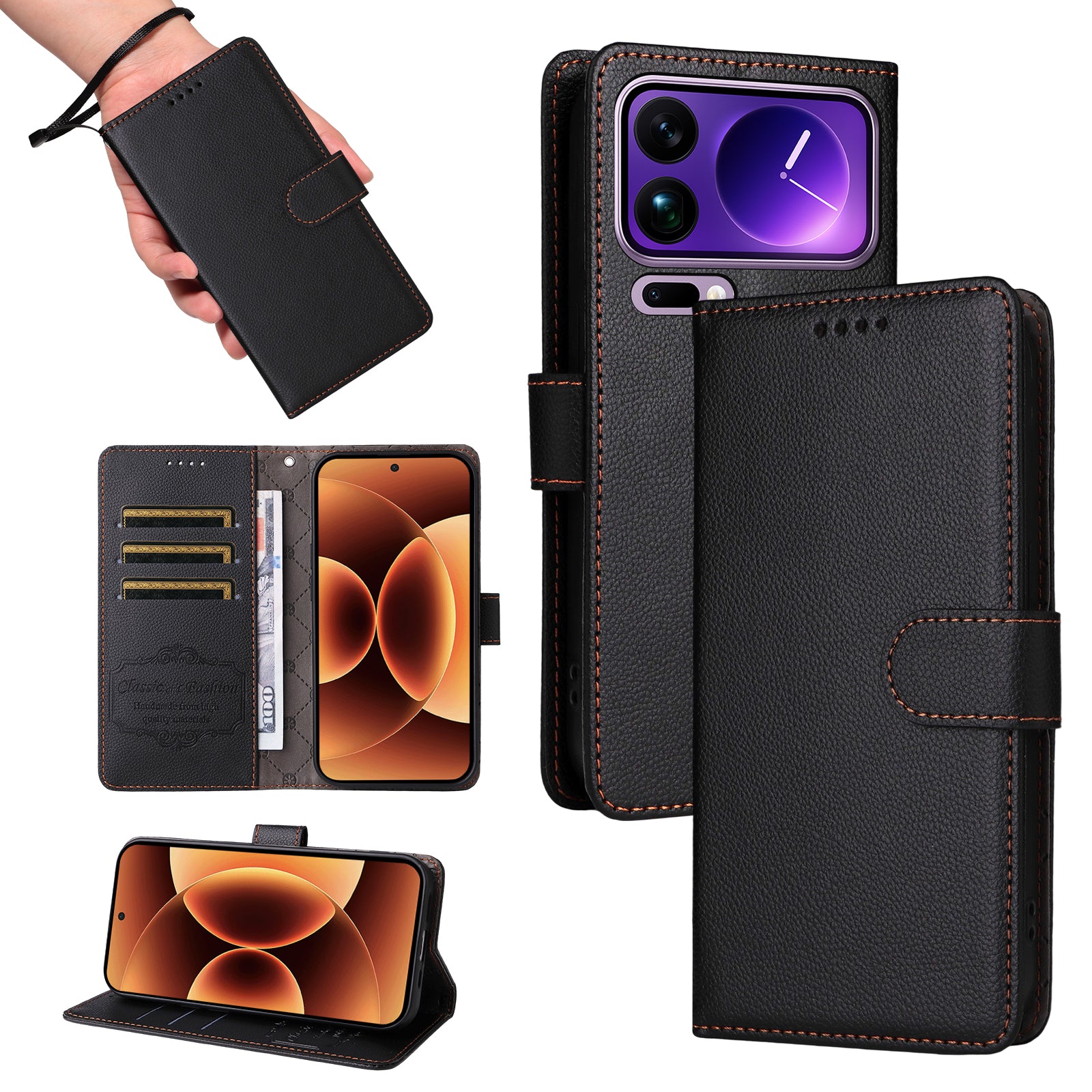 For Xiaomi 17 Pro Max Case RFID Blocking 3 Card Slots PU Leather Phone Cover with Wrist Strap - Black