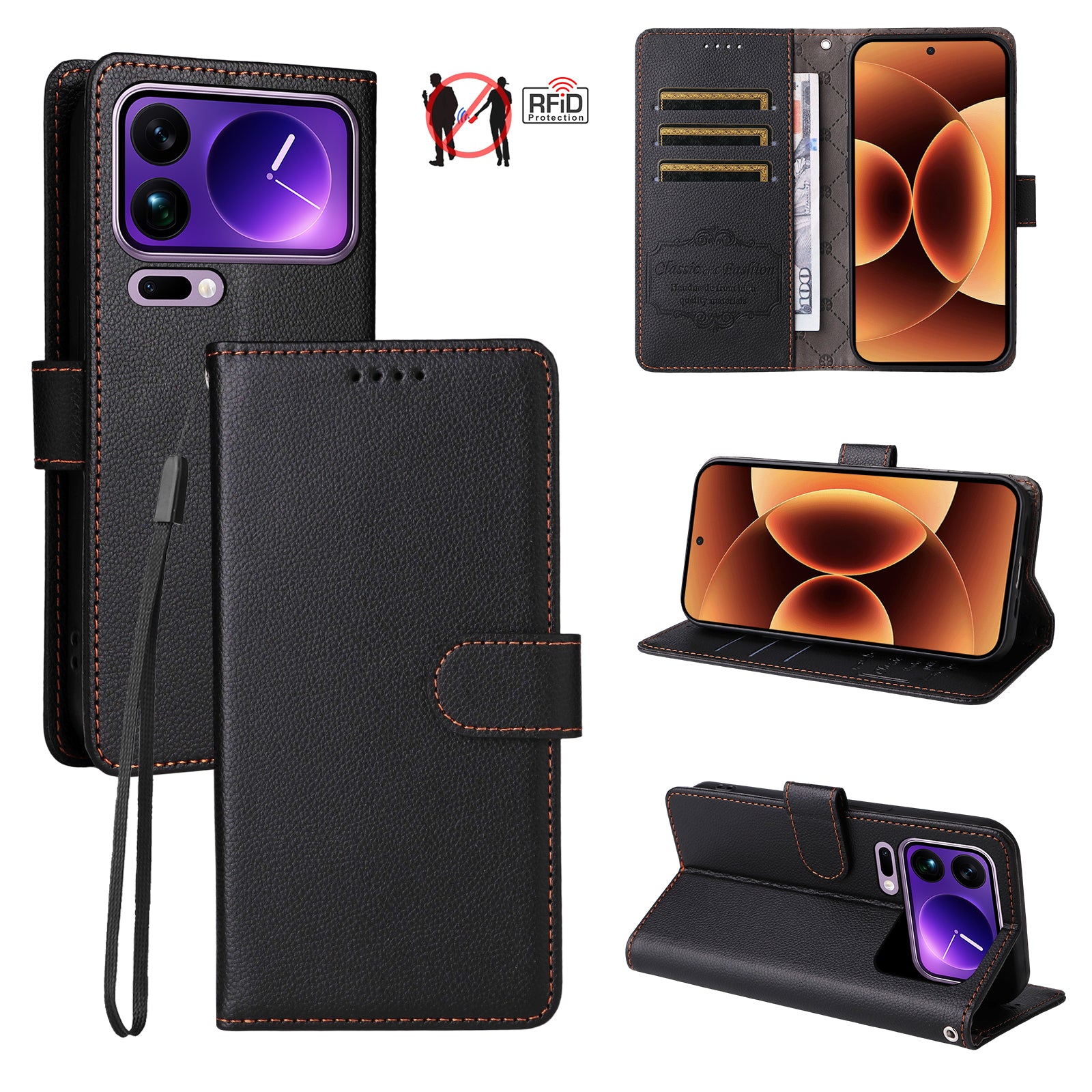 For Xiaomi 17 Pro Max Case RFID Blocking 3 Card Slots PU Leather Phone Cover with Wrist Strap - Black