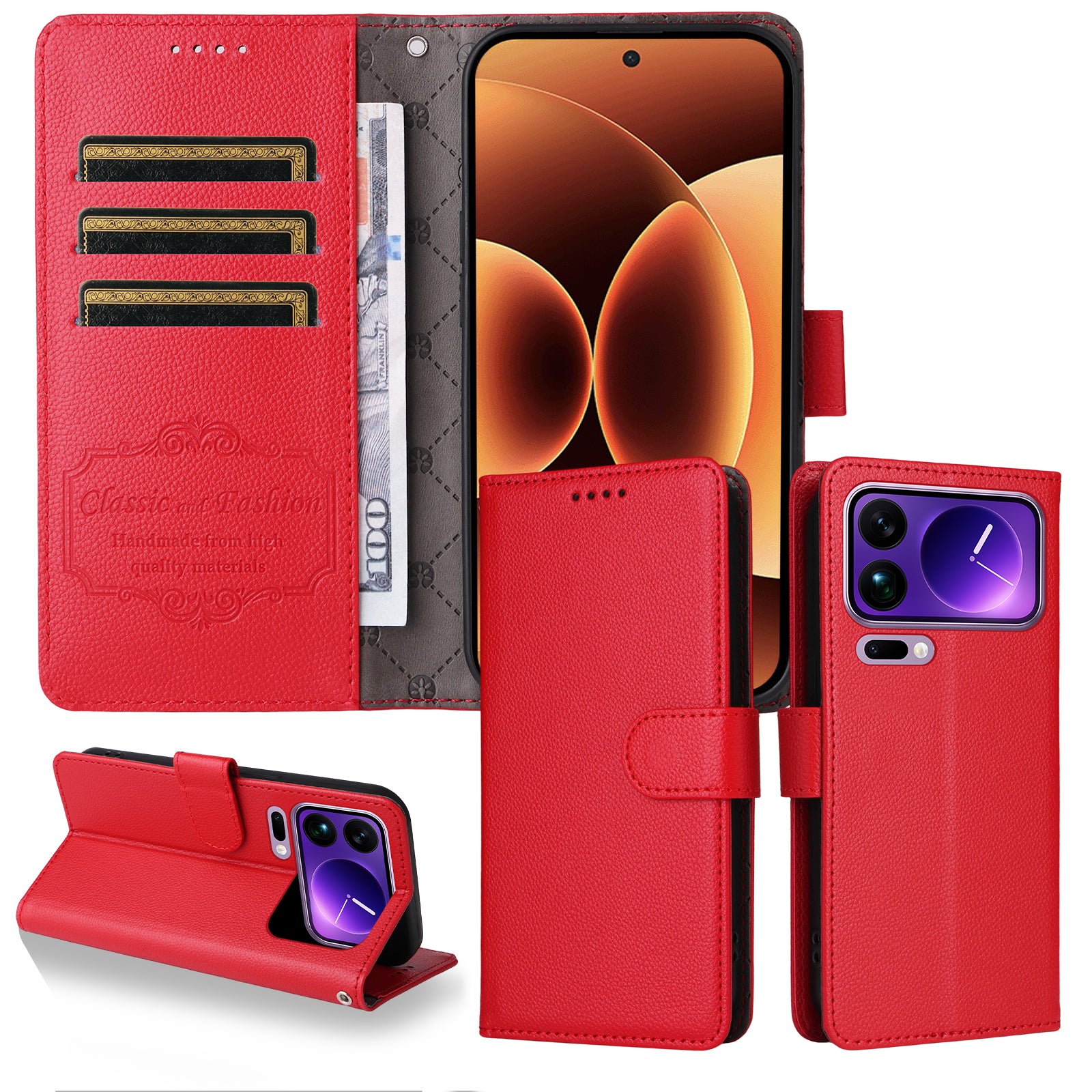For Xiaomi 17 Pro Max Case RFID Blocking 3 Card Slots PU Leather Phone Cover with Wrist Strap - Red