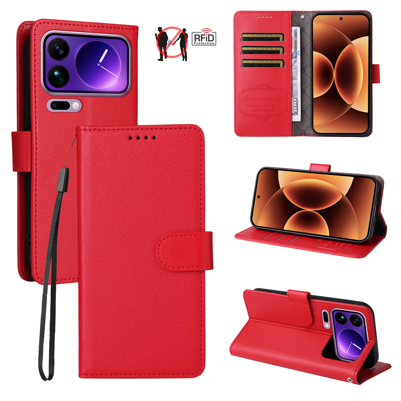 For Xiaomi 17 Pro Max Case RFID Blocking 3 Card Slots PU Leather Phone Cover with Wrist Strap - Red
