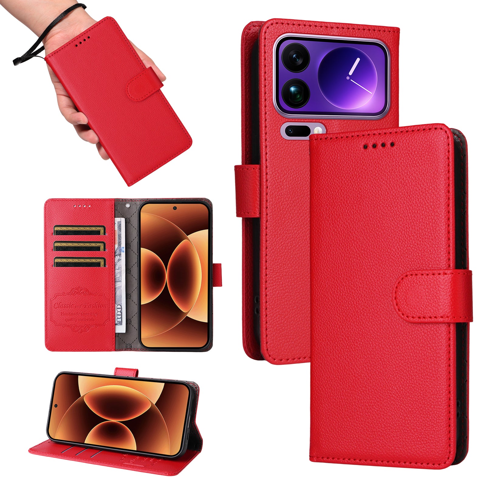 For Xiaomi 17 Pro Max Case RFID Blocking 3 Card Slots PU Leather Phone Cover with Wrist Strap - Red