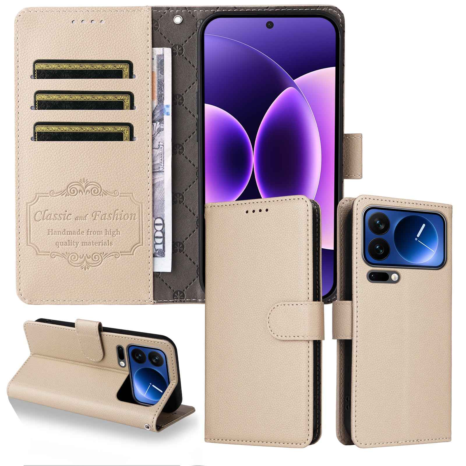 For Xiaomi 17 Pro Case RFID Blocking 3 Card Slots PU Leather Phone Cover with Wrist Strap - Creamy White