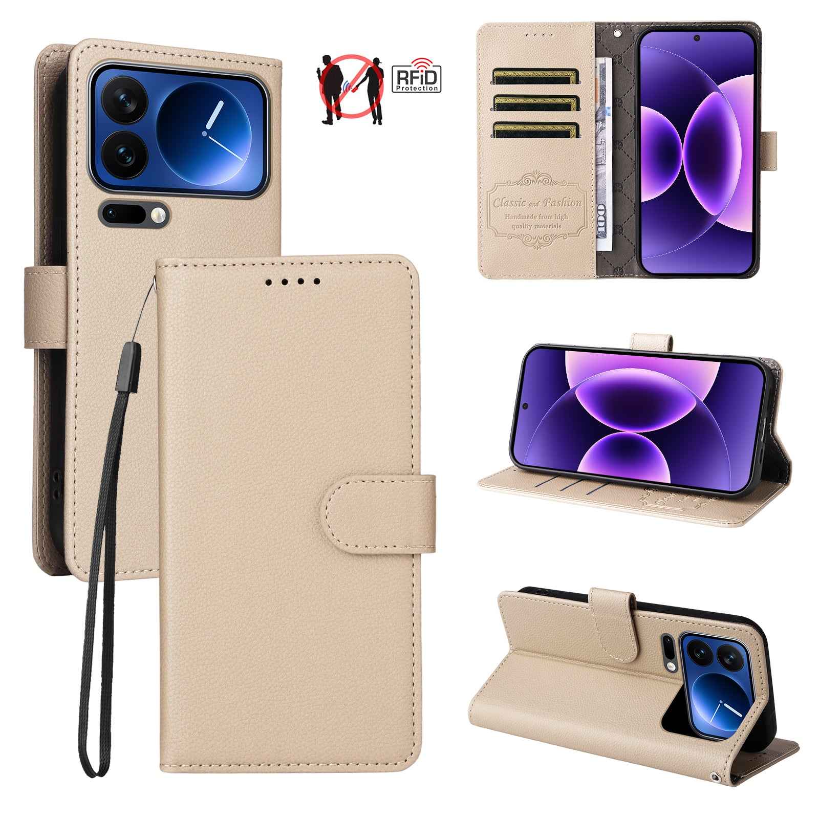For Xiaomi 17 Pro Case RFID Blocking 3 Card Slots PU Leather Phone Cover with Wrist Strap - Creamy White