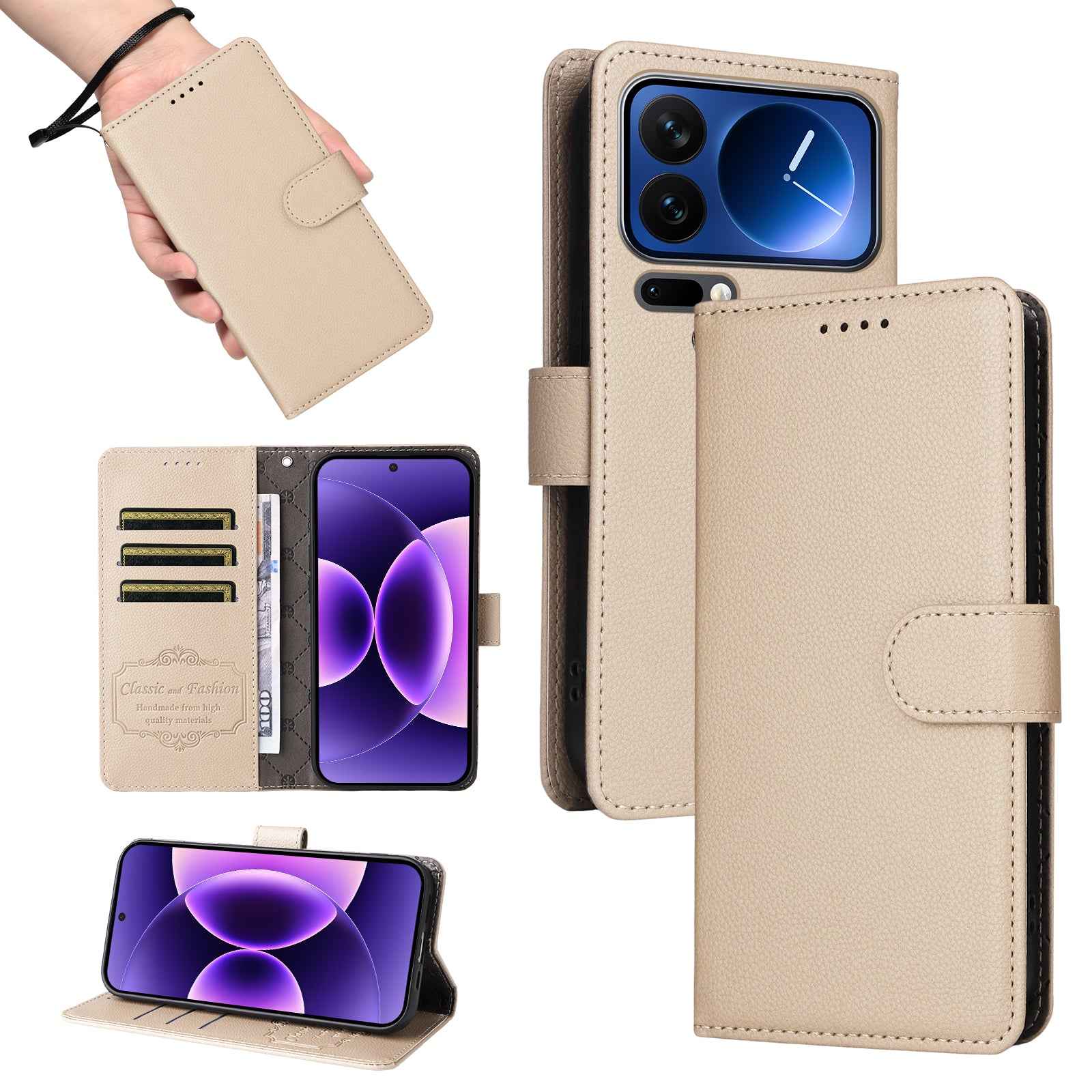For Xiaomi 17 Pro Case RFID Blocking 3 Card Slots PU Leather Phone Cover with Wrist Strap - Creamy White