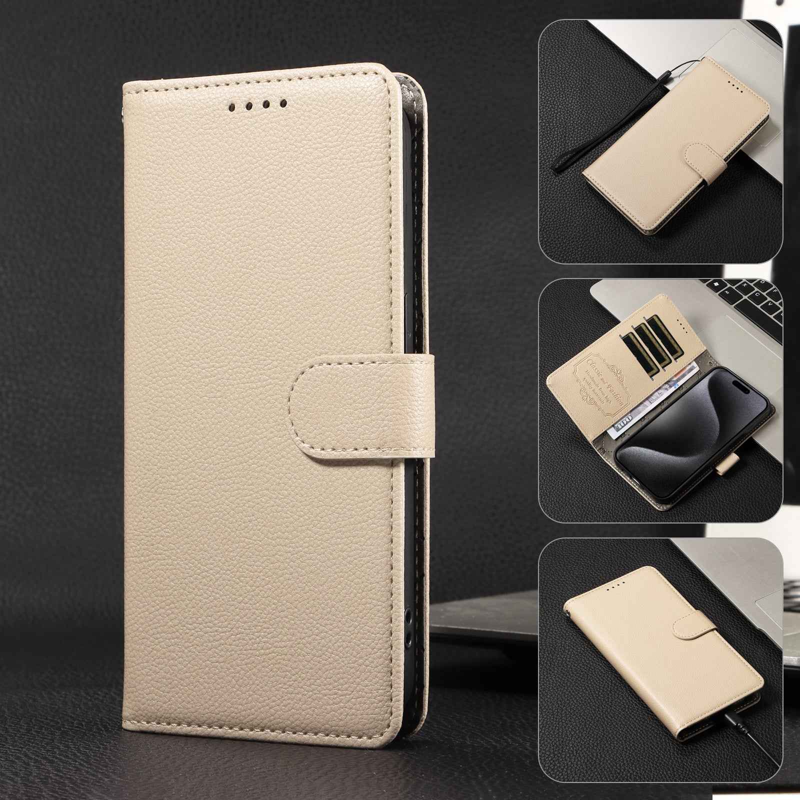 For Xiaomi 17 Pro Case RFID Blocking 3 Card Slots PU Leather Phone Cover with Wrist Strap - Creamy White