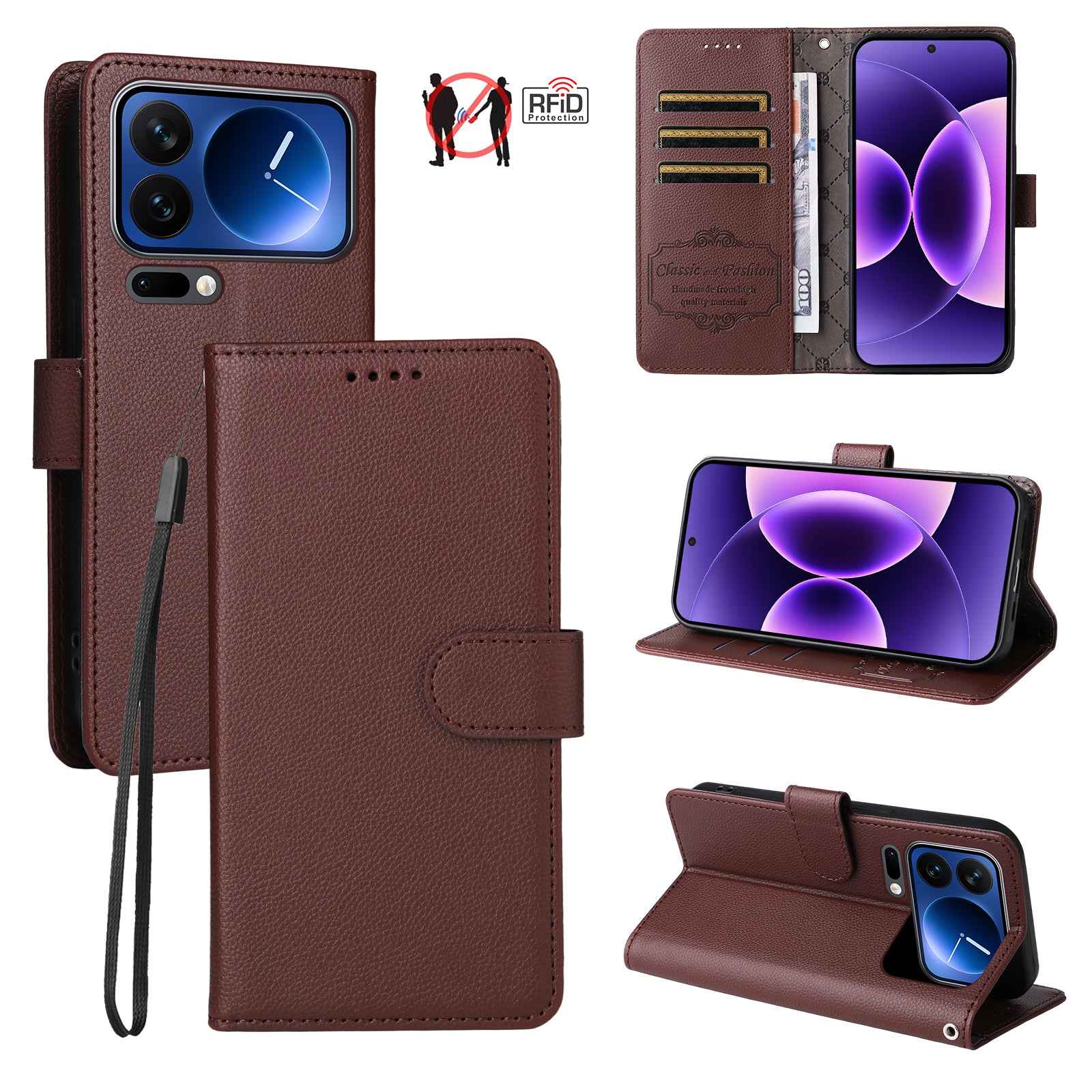 For Xiaomi 17 Pro Case RFID Blocking 3 Card Slots PU Leather Phone Cover with Wrist Strap - Brown