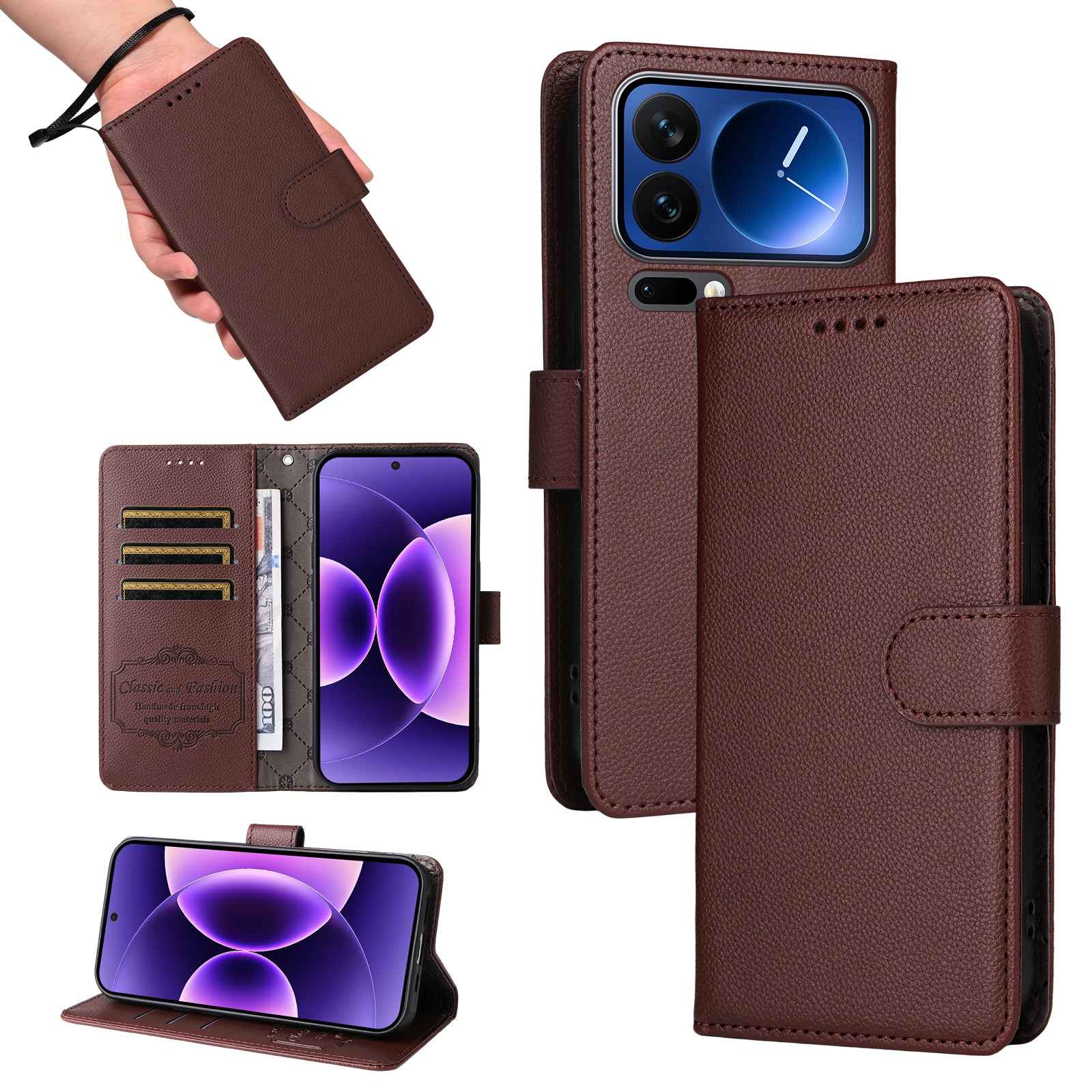 For Xiaomi 17 Pro Case RFID Blocking 3 Card Slots PU Leather Phone Cover with Wrist Strap - Brown