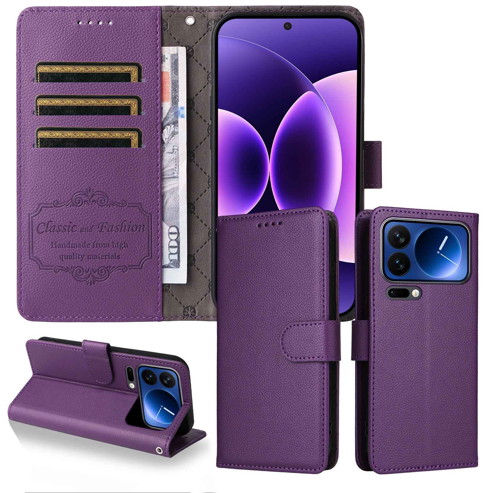 For Xiaomi 17 Pro Case RFID Blocking 3 Card Slots PU Leather Phone Cover with Wrist Strap - Purple