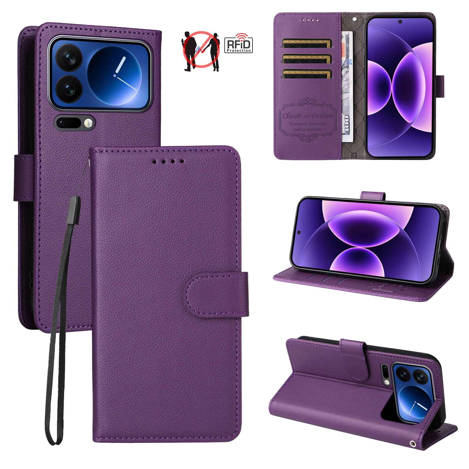 For Xiaomi 17 Pro Case RFID Blocking 3 Card Slots PU Leather Phone Cover with Wrist Strap - Purple
