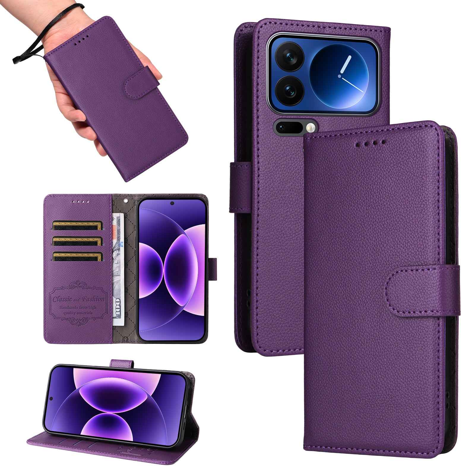 For Xiaomi 17 Pro Case RFID Blocking 3 Card Slots PU Leather Phone Cover with Wrist Strap - Purple