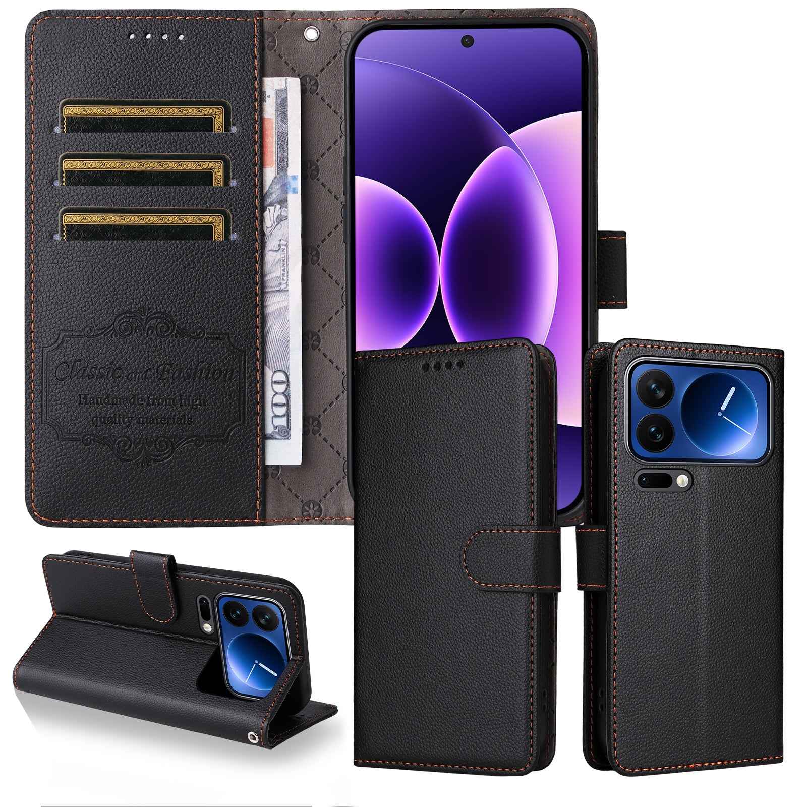 For Xiaomi 17 Pro Case RFID Blocking 3 Card Slots PU Leather Phone Cover with Wrist Strap - Black