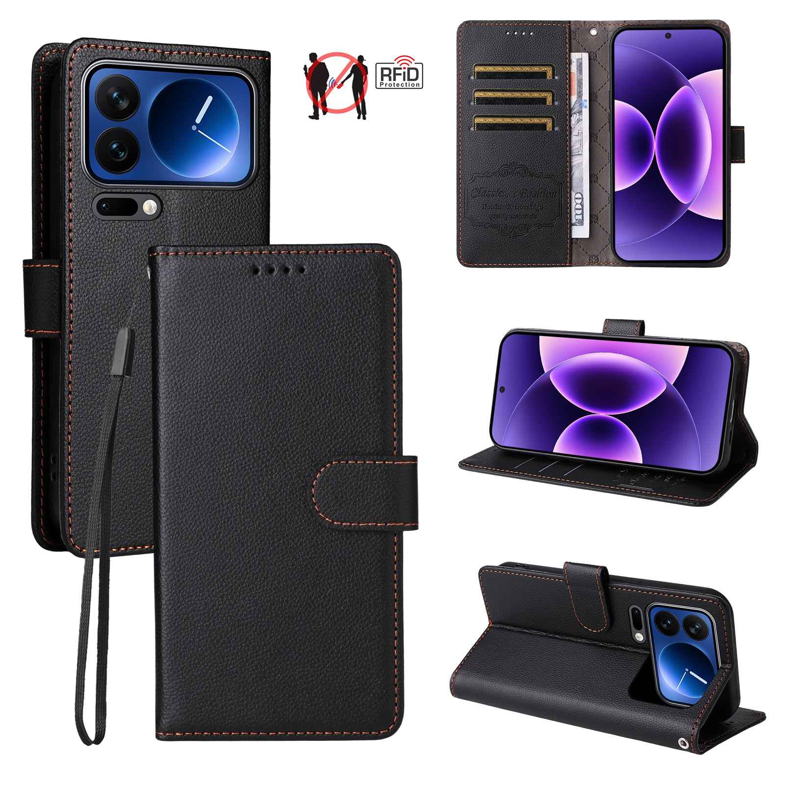 For Xiaomi 17 Pro Case RFID Blocking 3 Card Slots PU Leather Phone Cover with Wrist Strap - Black